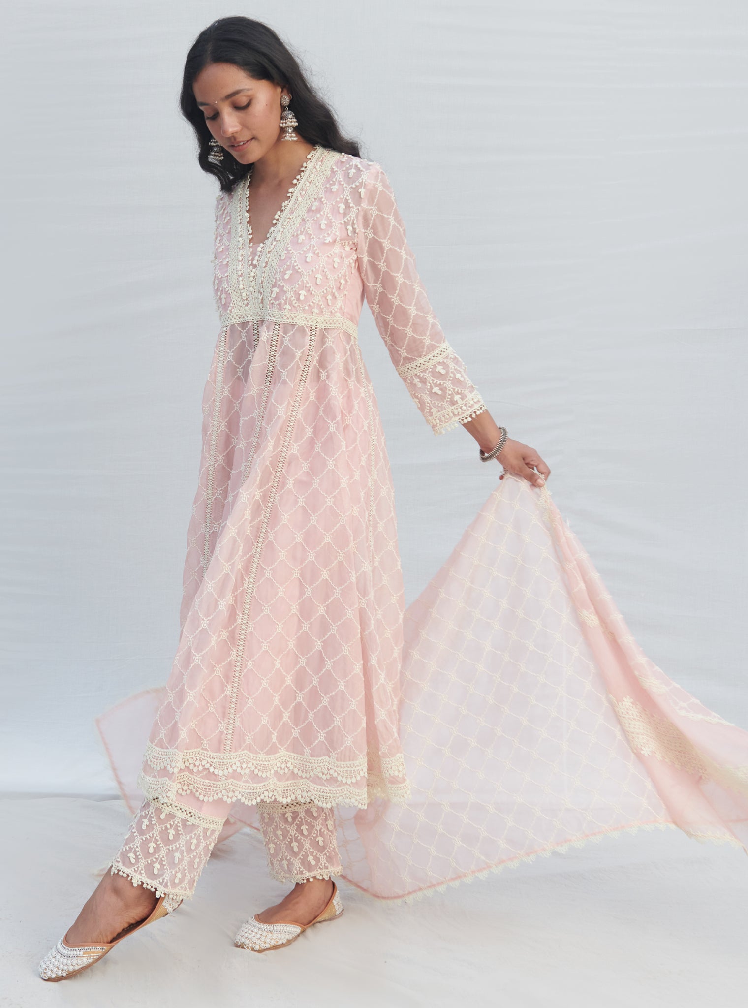 Mulmul Organza Anarkali Dori Pink Kurta With Mulmul Cotton Dori Pink Pant