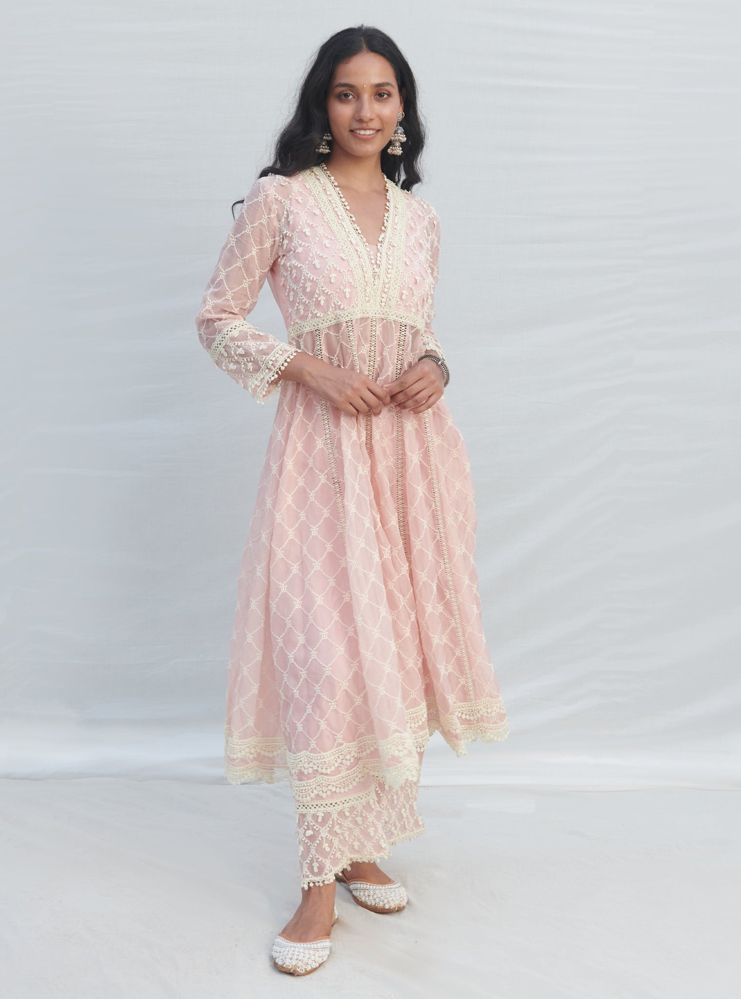 Mulmul Organza Anarkali Dori Pink Kurta With Mulmul Cotton Dori Pink Pant