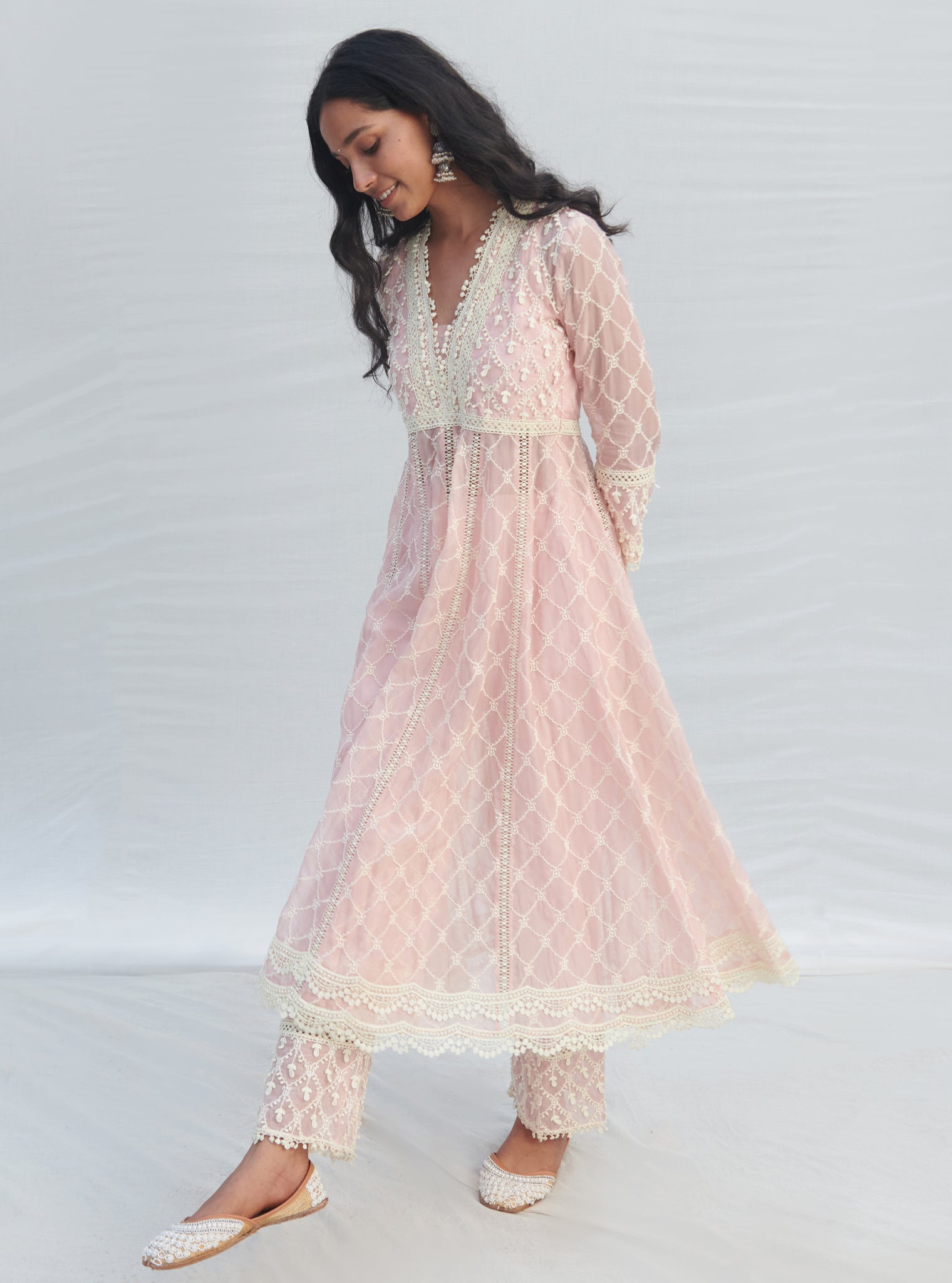 Mulmul Organza Anarkali Dori Pink Kurta With Mulmul Cotton Dori Pink Pant