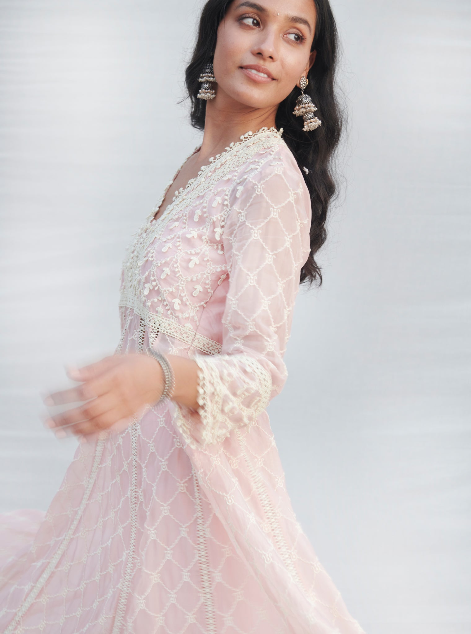 Mulmul Organza Anarkali Dori Pink Kurta With Mulmul Cotton Dori Pink Pant