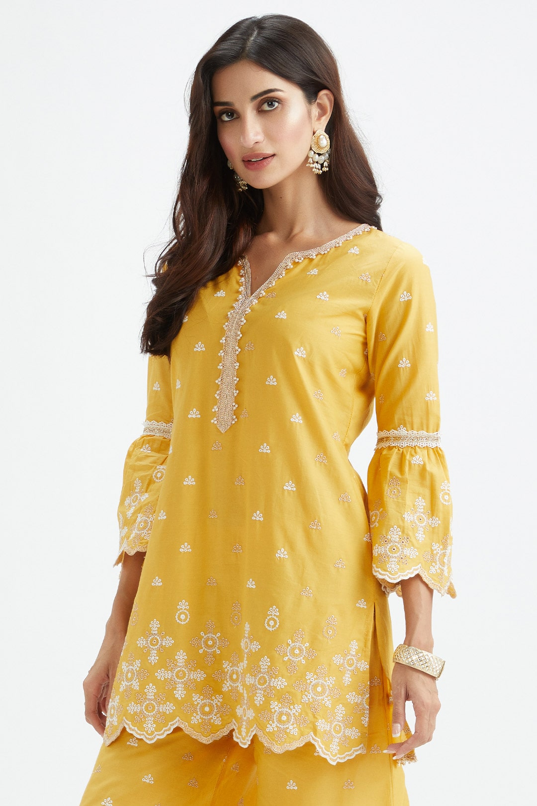 Mulmul Cotton Dove Yellow Kurta With Dove Yellow Sharara