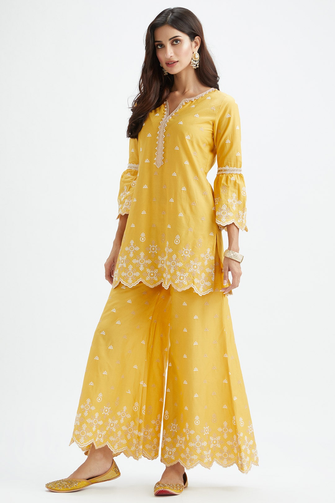 Mulmul Cotton Dove Yellow Kurta With Dove Yellow Sharara