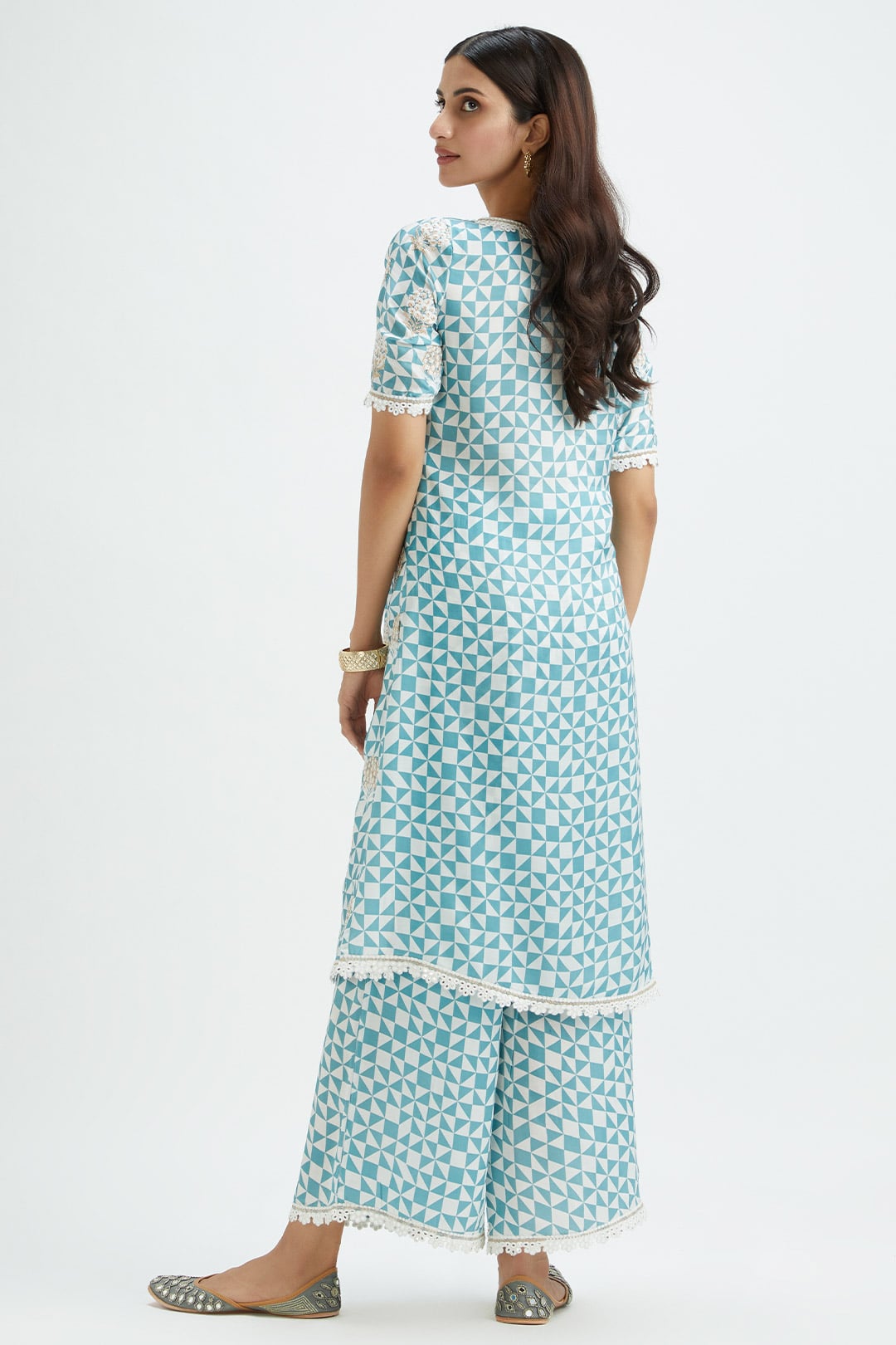 Mulmul Cupro Silk Dover Teal Kurta With Dover Teal Pant