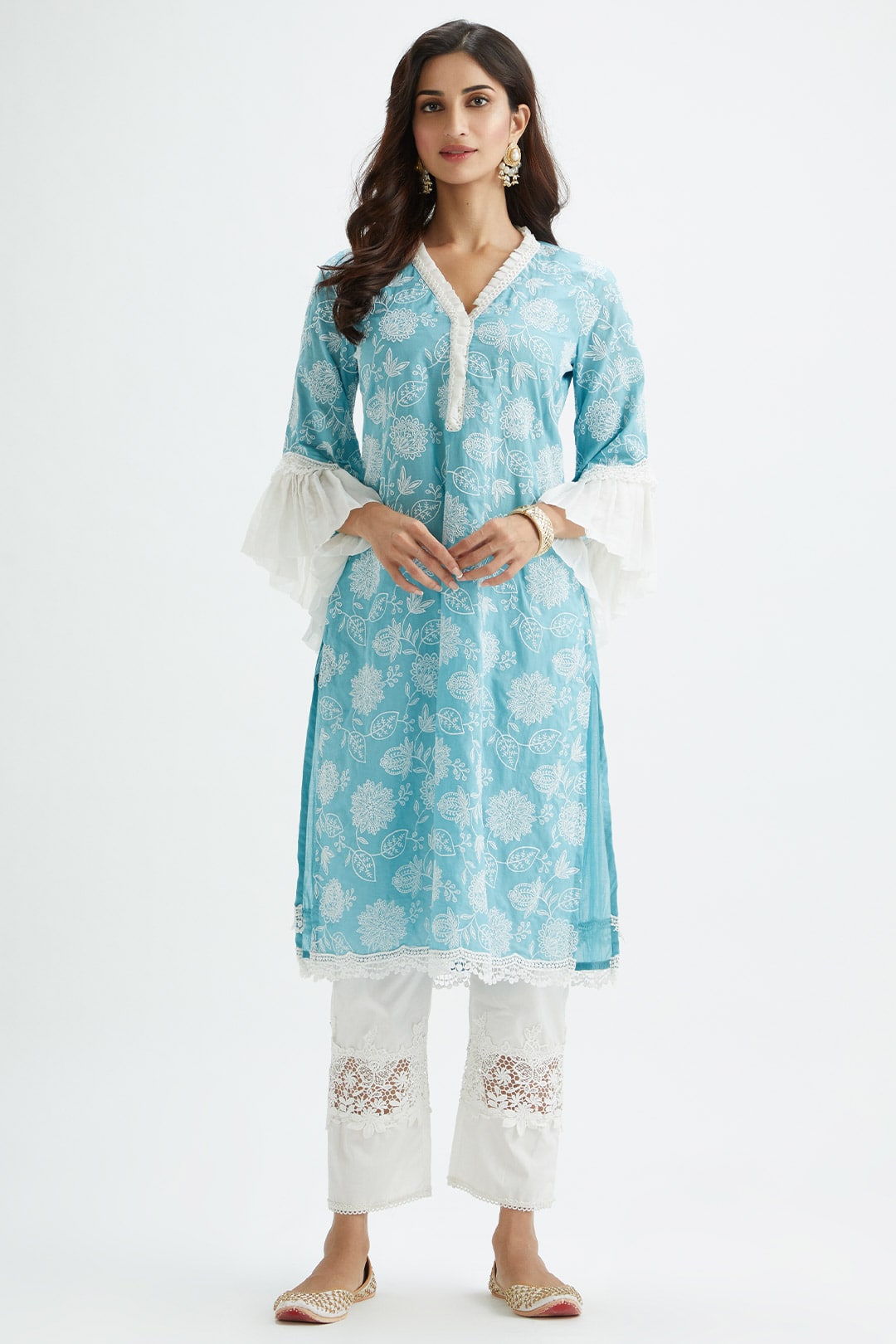 Mulmul Cotton Dunlin Blue Kurta With Broad Lace Insert White Pyajama