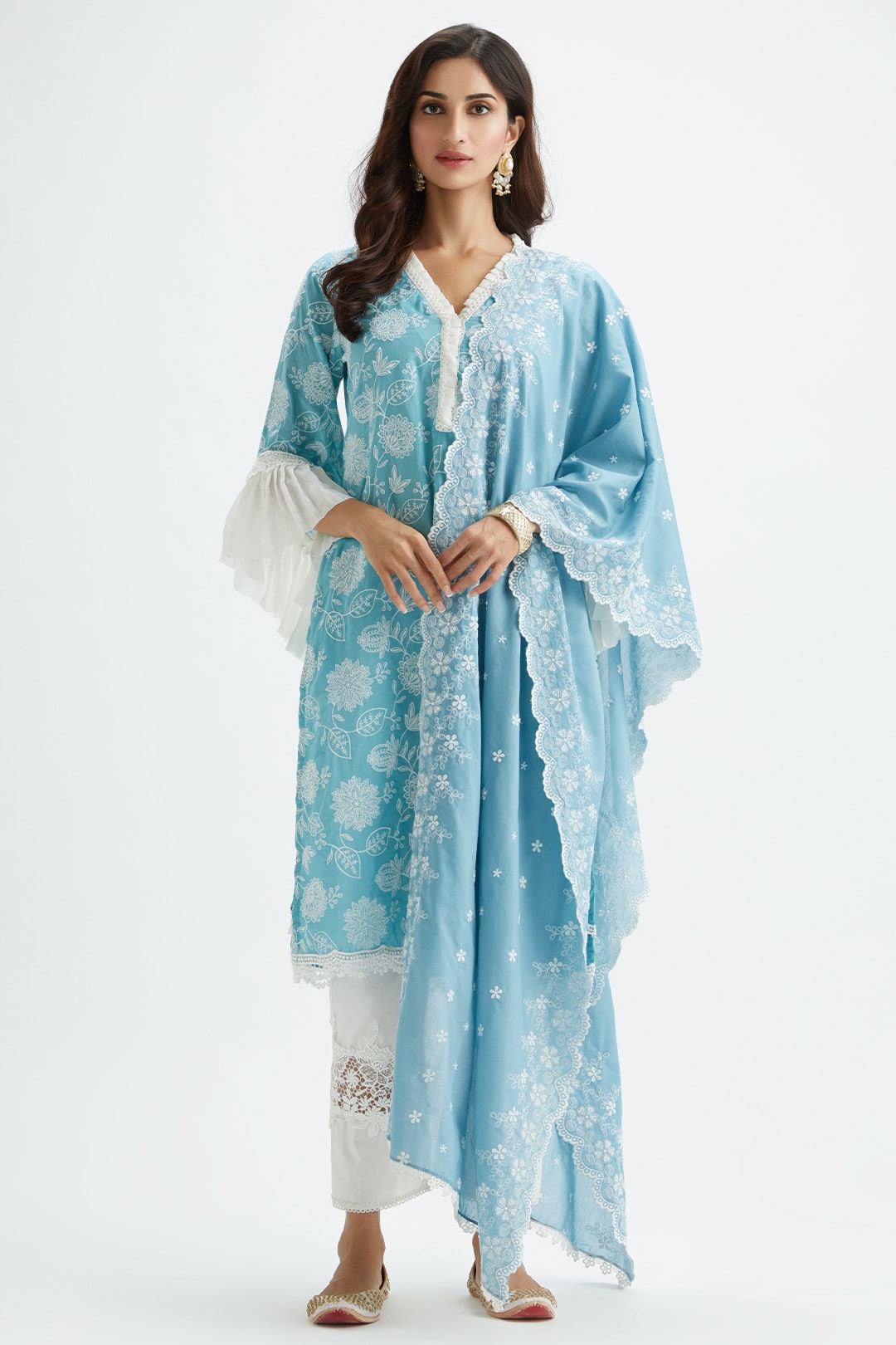 Mulmul Cotton Dunlin Blue Kurta With Broad Lace Insert White Pyajama