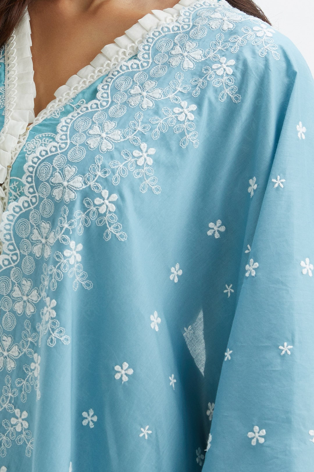 Mulmul Cotton Dunlin Blue Kurta With Broad Lace Insert White Pyajama