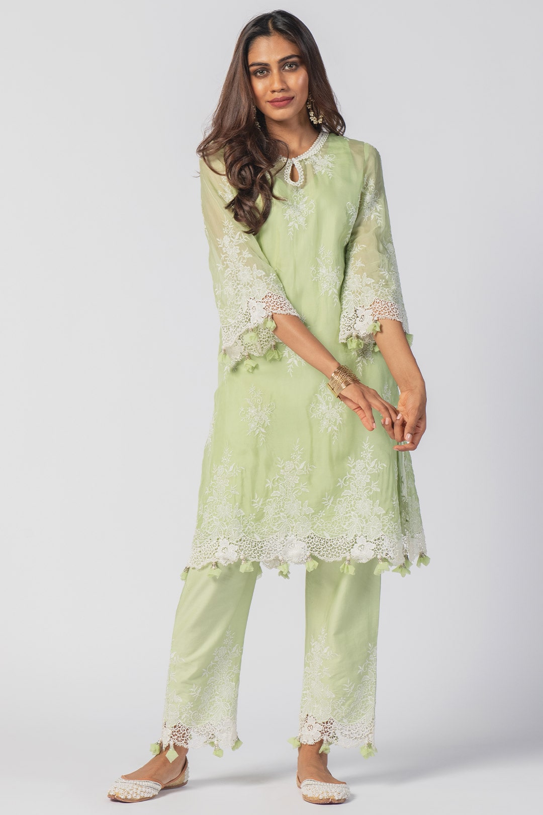 Mulmul Tencel Luxe Organza Eden Green Kurta With Supima Cotton Eden Green Pant