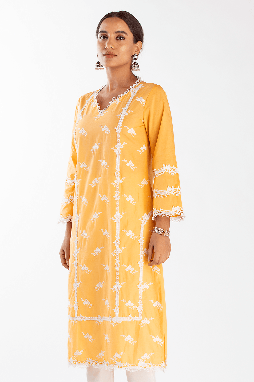 Mulmul Cotton Eternity Orange Kurta With Slit Pant White