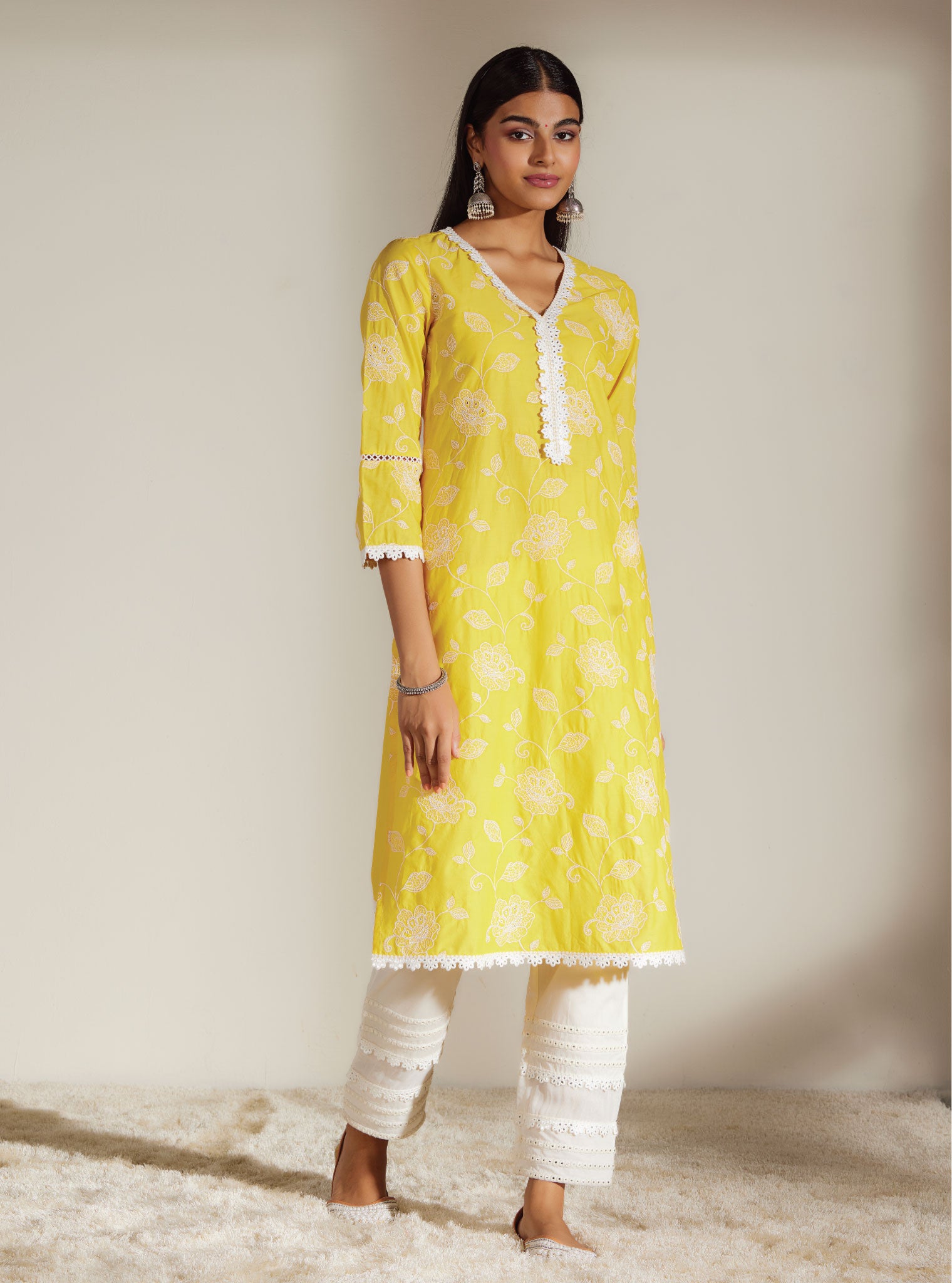 Mulmul Cotton Ezra Mango Kurta With Mulmul Cotton Mirror Gota White Pant