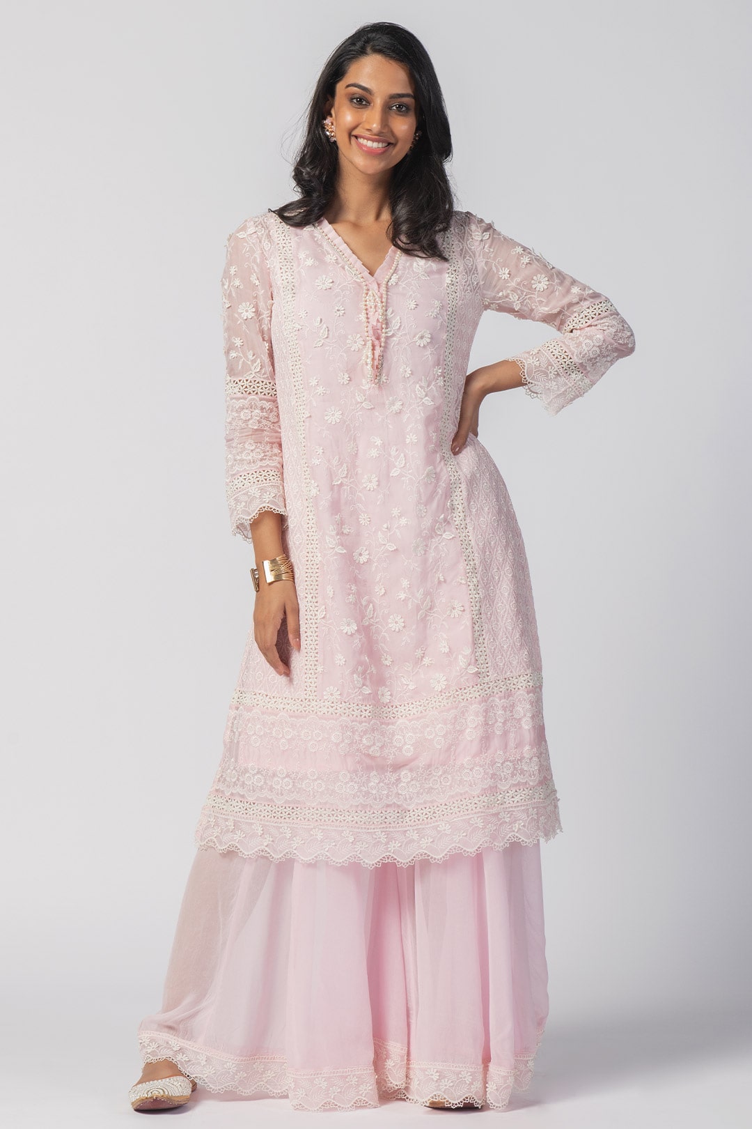 Mulmul Tencel Luxe Organza Fiona Kurta Pink With Viscose Fiona Sharara