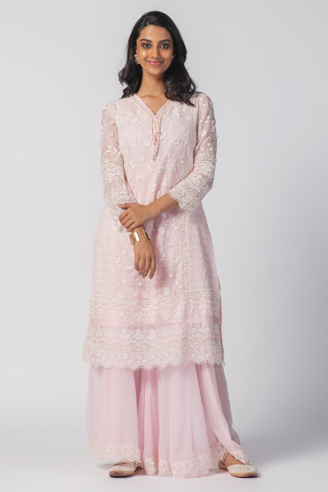 Mulmul Tencel Luxe Organza Fiona Kurta Pink With Viscose Fiona Sharara