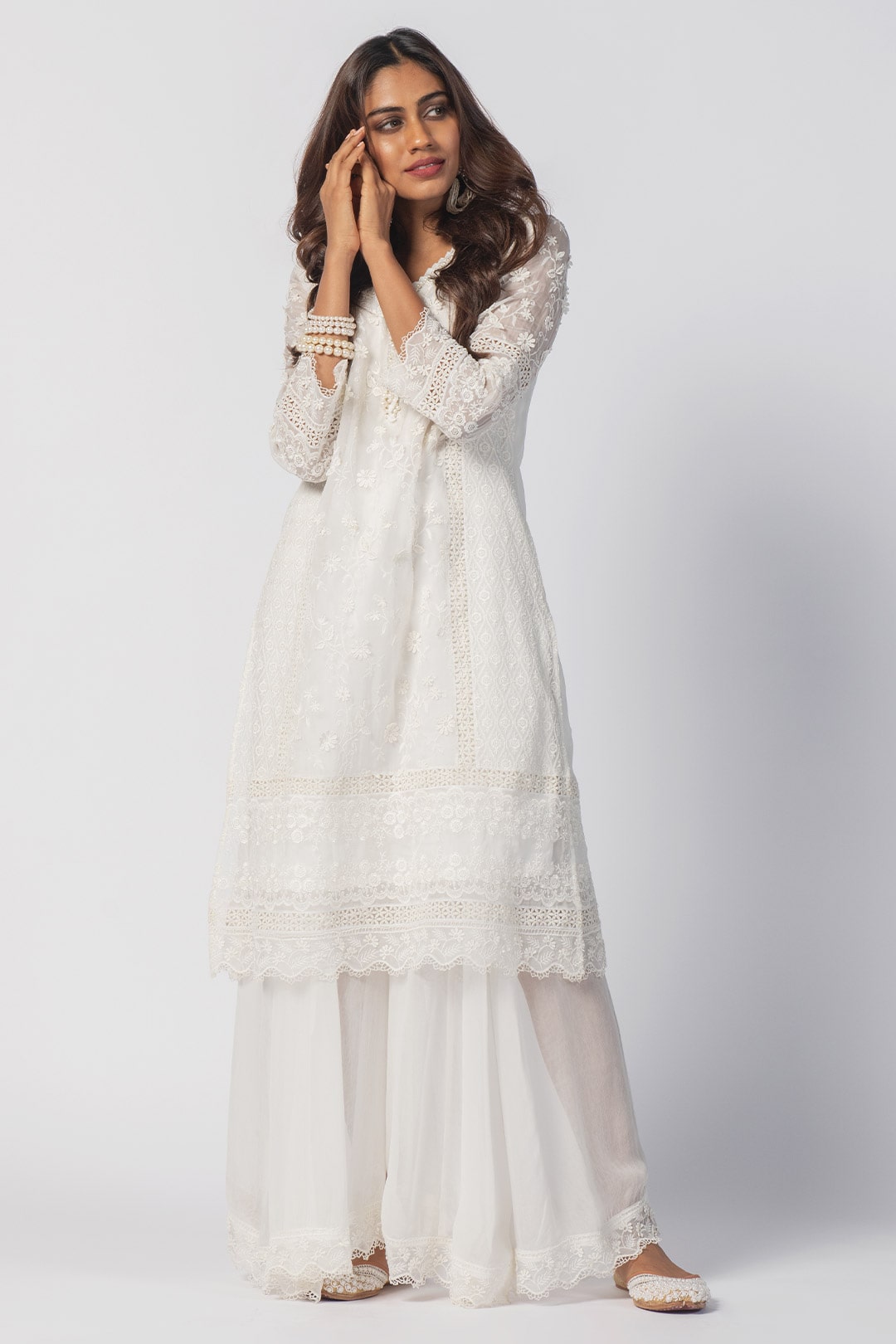 Mulmul Tencel Luxe Organza Fiona Kurta Off White With Viscose Fiona Sharara