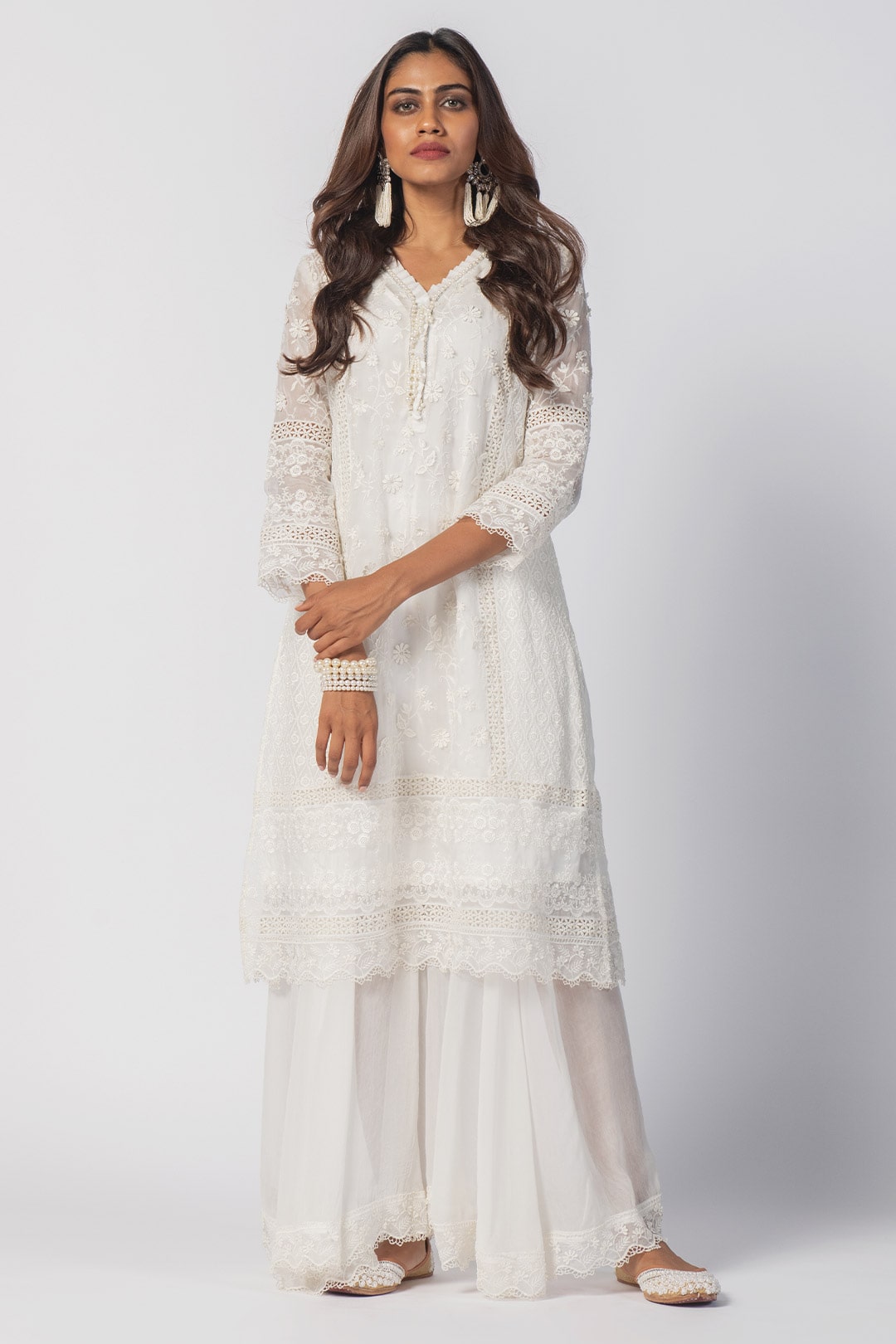 Mulmul Tencel Luxe Organza Fiona Kurta Off White With Viscose Fiona Sharara