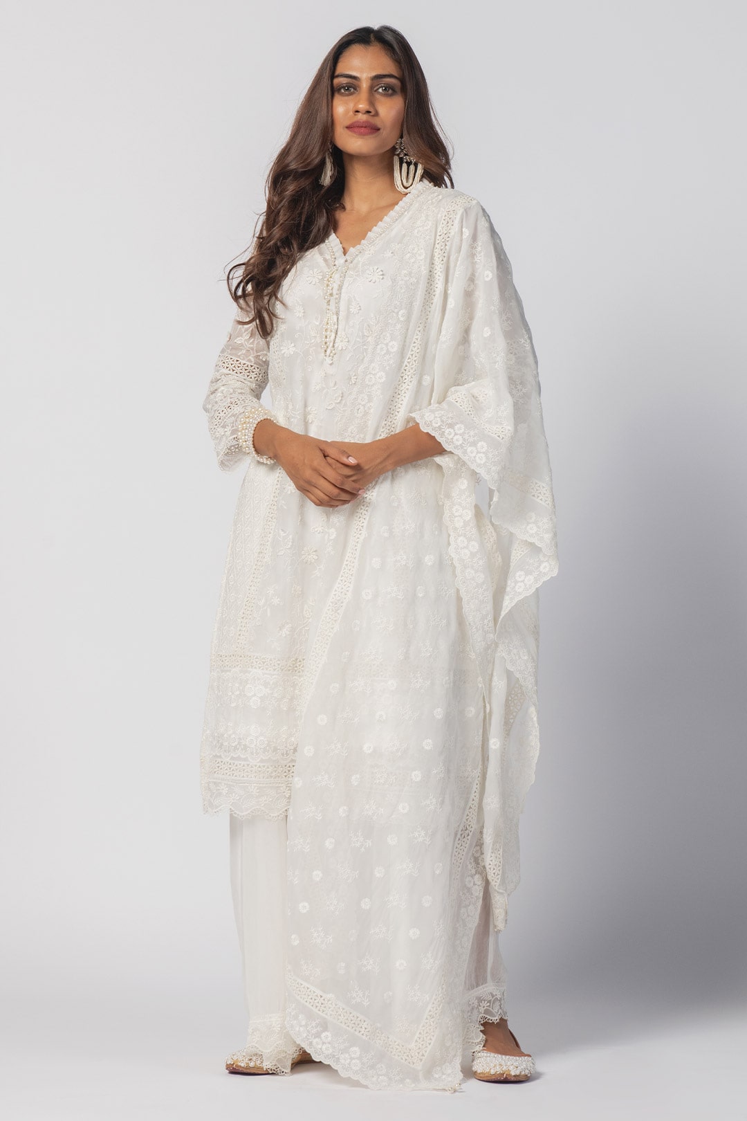 Mulmul Tencel Luxe Organza Fiona Kurta Off White With Viscose Fiona Sharara