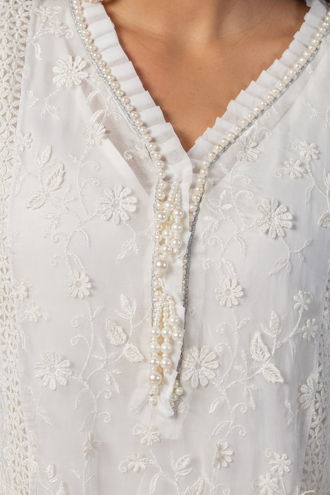 Mulmul Tencel Luxe Organza Fiona Kurta Off White With Viscose Fiona Sharara