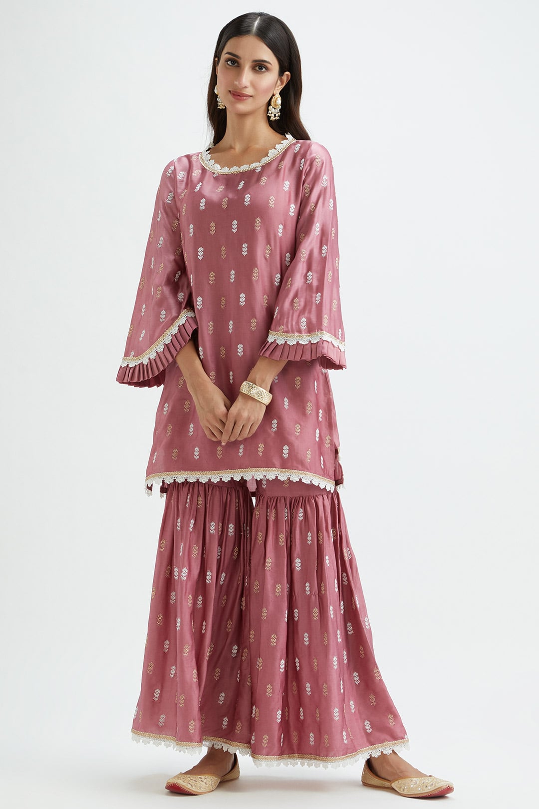 Mulmul Cupro Silk Florence Mauve Kurta With Florence Mauve Garara