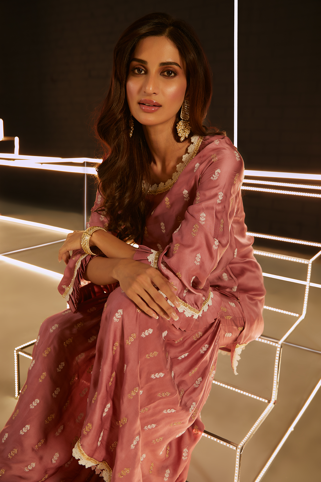 Mulmul Cupro Silk Florence Mauve Kurta With Florence Mauve Garara