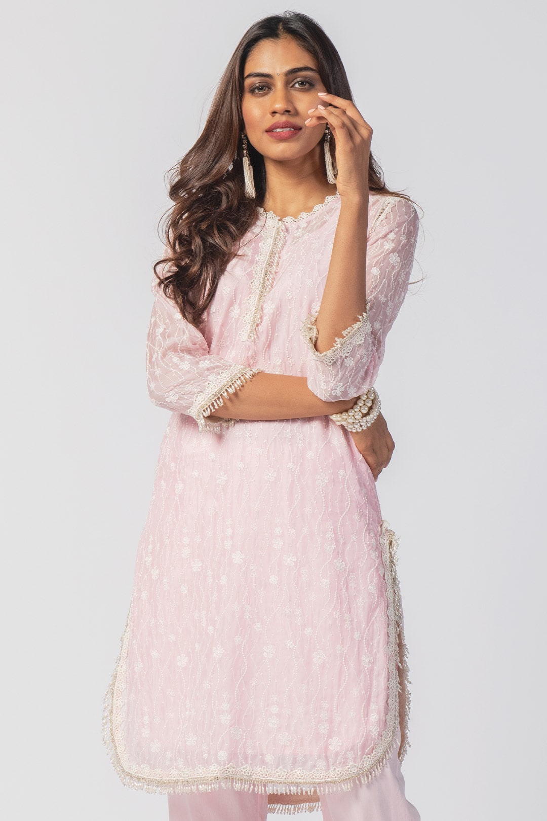 Mulmul Tencel Luxe Organza Freya Pink Kurta With Supima Cotton freya Round Hem Pink Pant