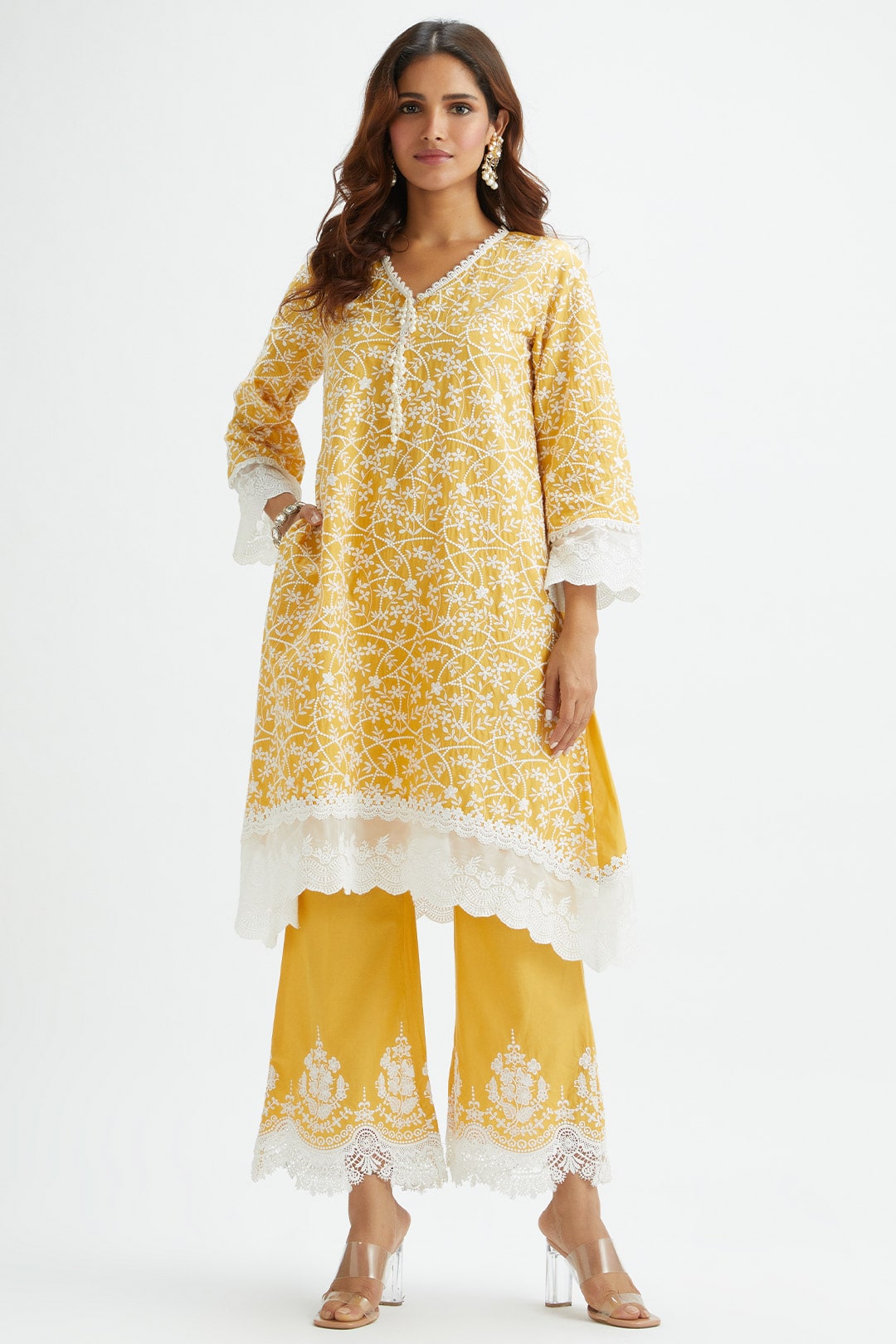 Mulmul Cotton Hummingbird Yellow Kurta With Hummingbird Yellow Pyajama