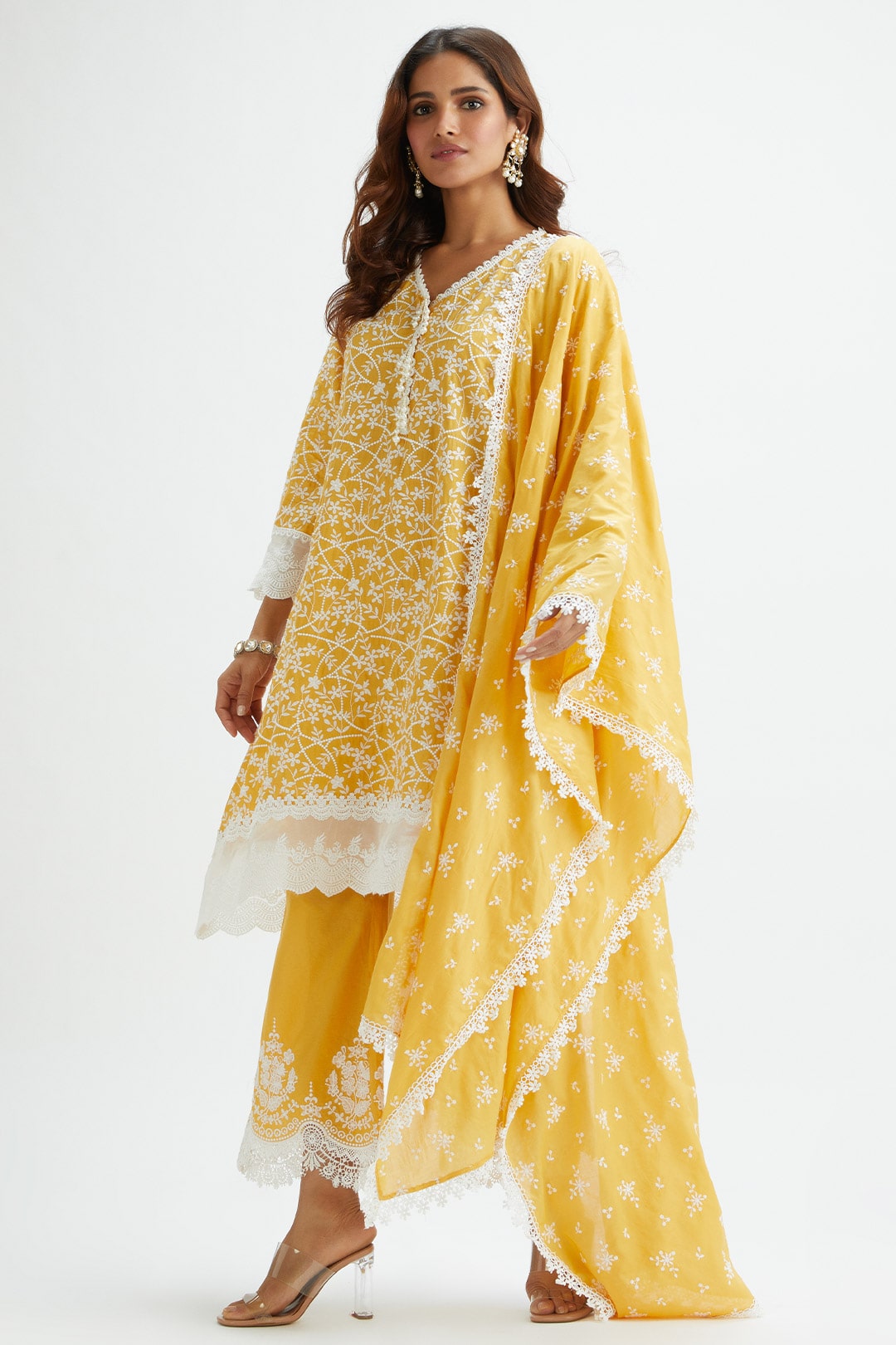 Mulmul Cotton Hummingbird Yellow Kurta With Hummingbird Yellow Pyajama