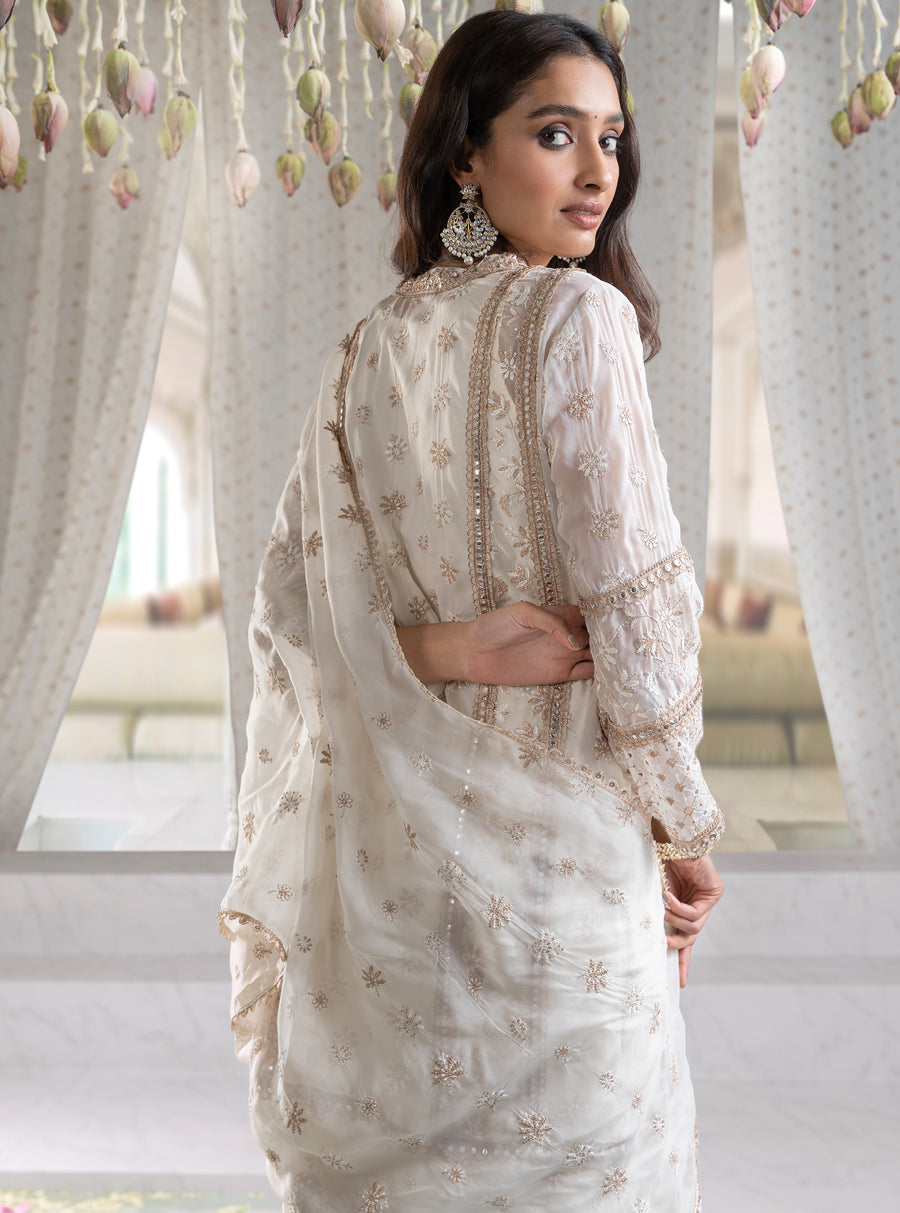 Mulmul Supima Cotton Floral Organza Pyajama White