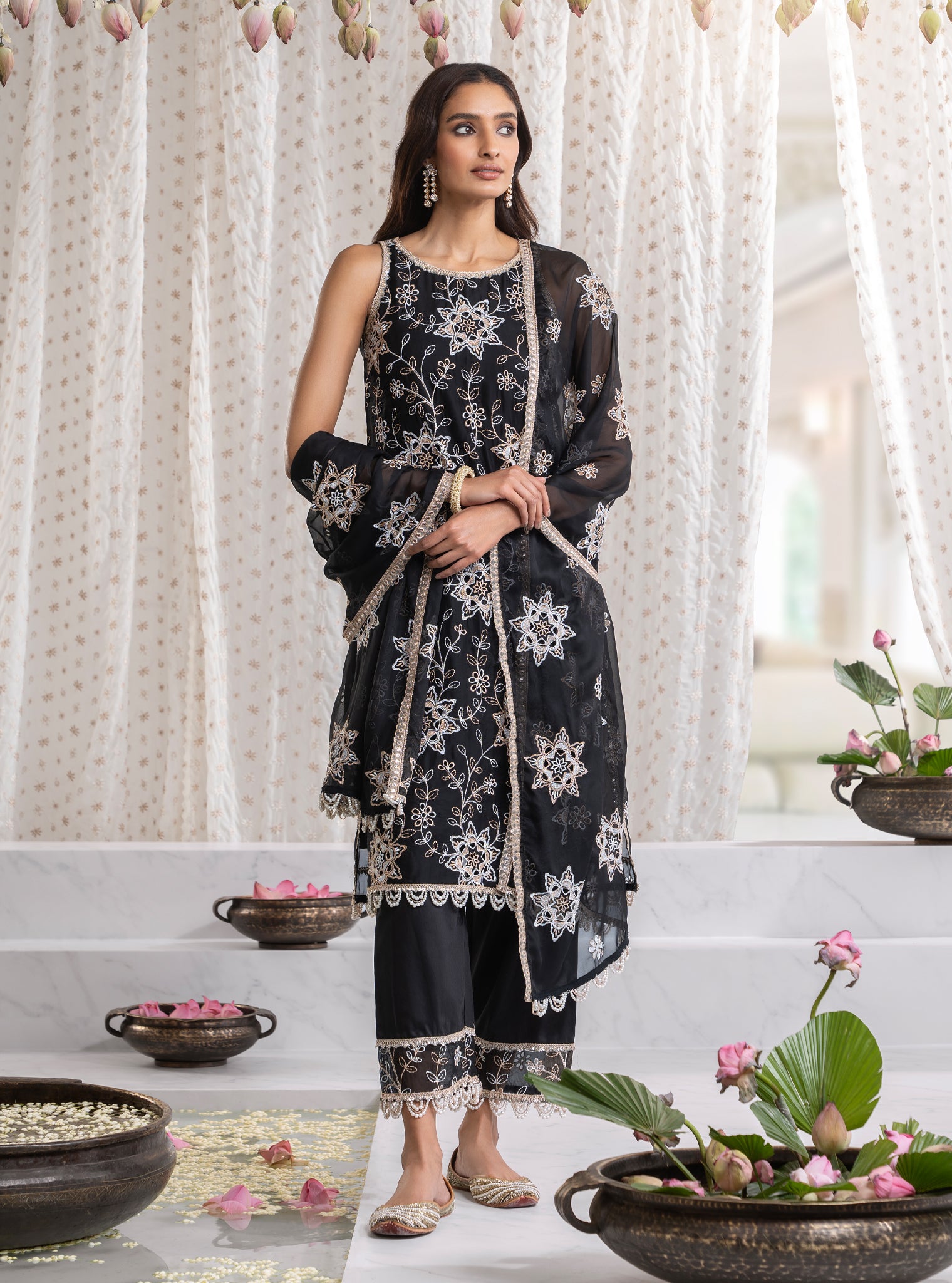 Mulmul Organza Jugni Black Kurta With Mulmul Pima Jugni Black Pant