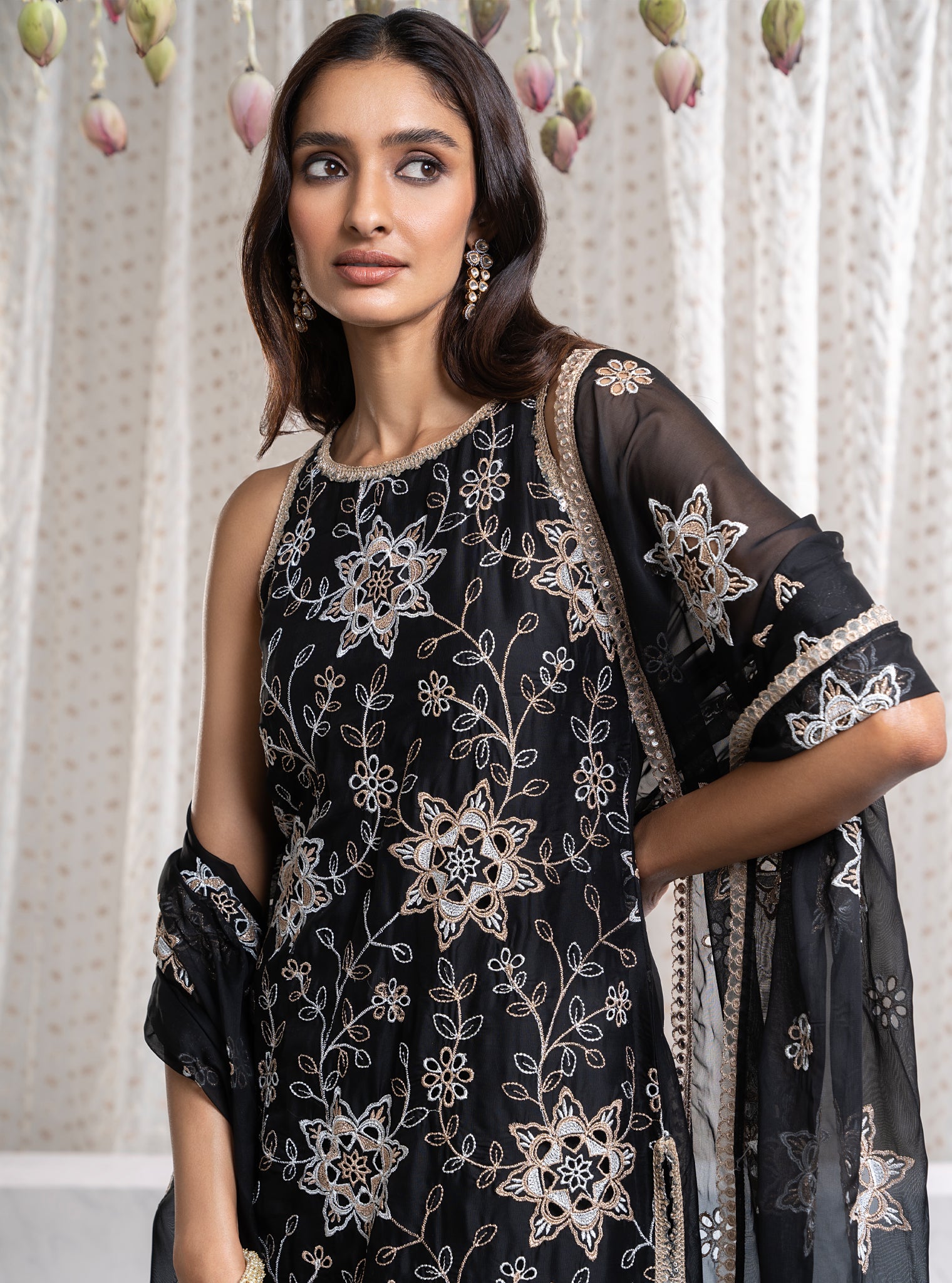 Mulmul Organza Jugni Black Kurta With Mulmul Pima Jugni Black Pant