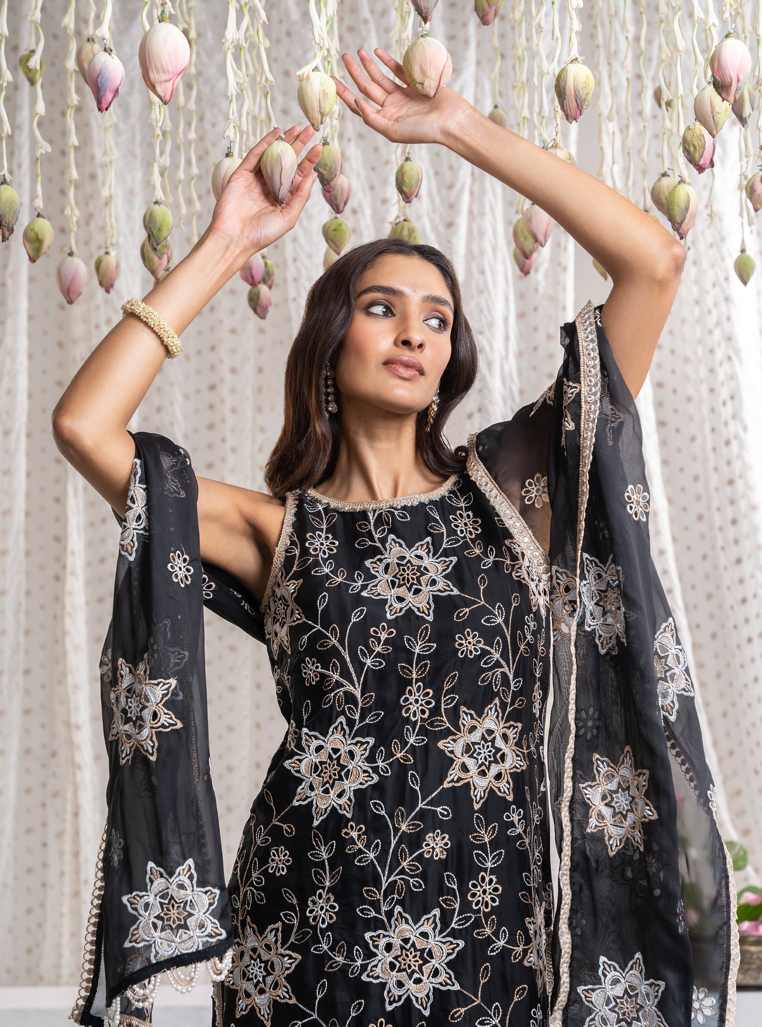 Mulmul Organza Jugni Black Kurta With Mulmul Pima Jugni Black Pant