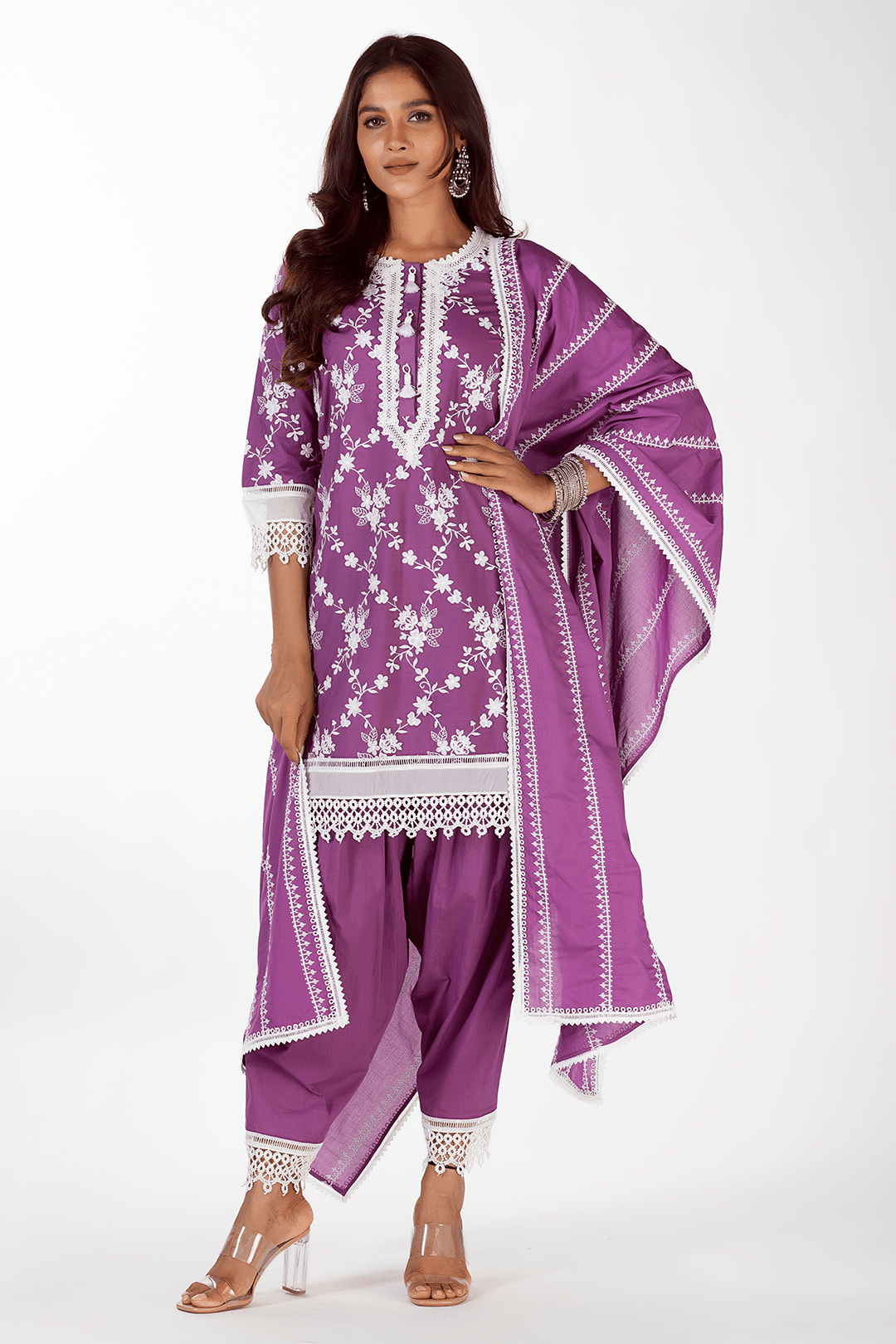 Mulmul Cotton Kai Purple Kurta With Kai Purple Pyajama