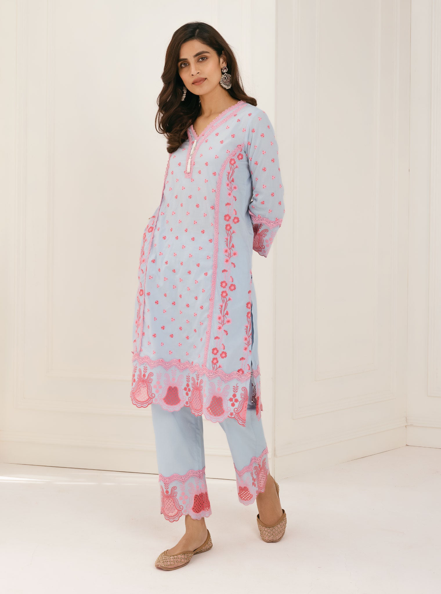 Mulmul Cotton Kalsi Blue Kurta With Kalsi Blue Palazzo