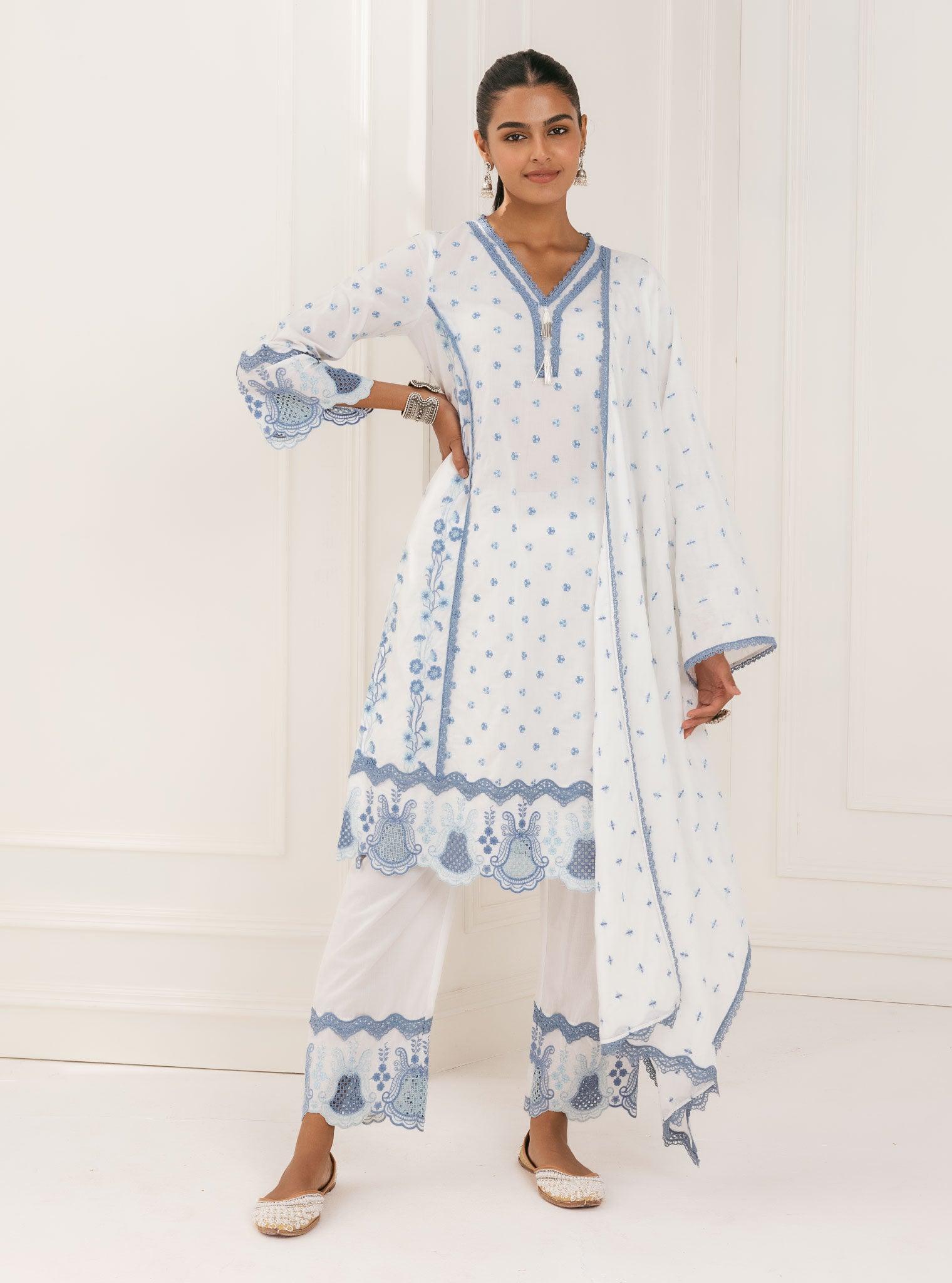 Mulmul Cotton Kalsi White Palazzo