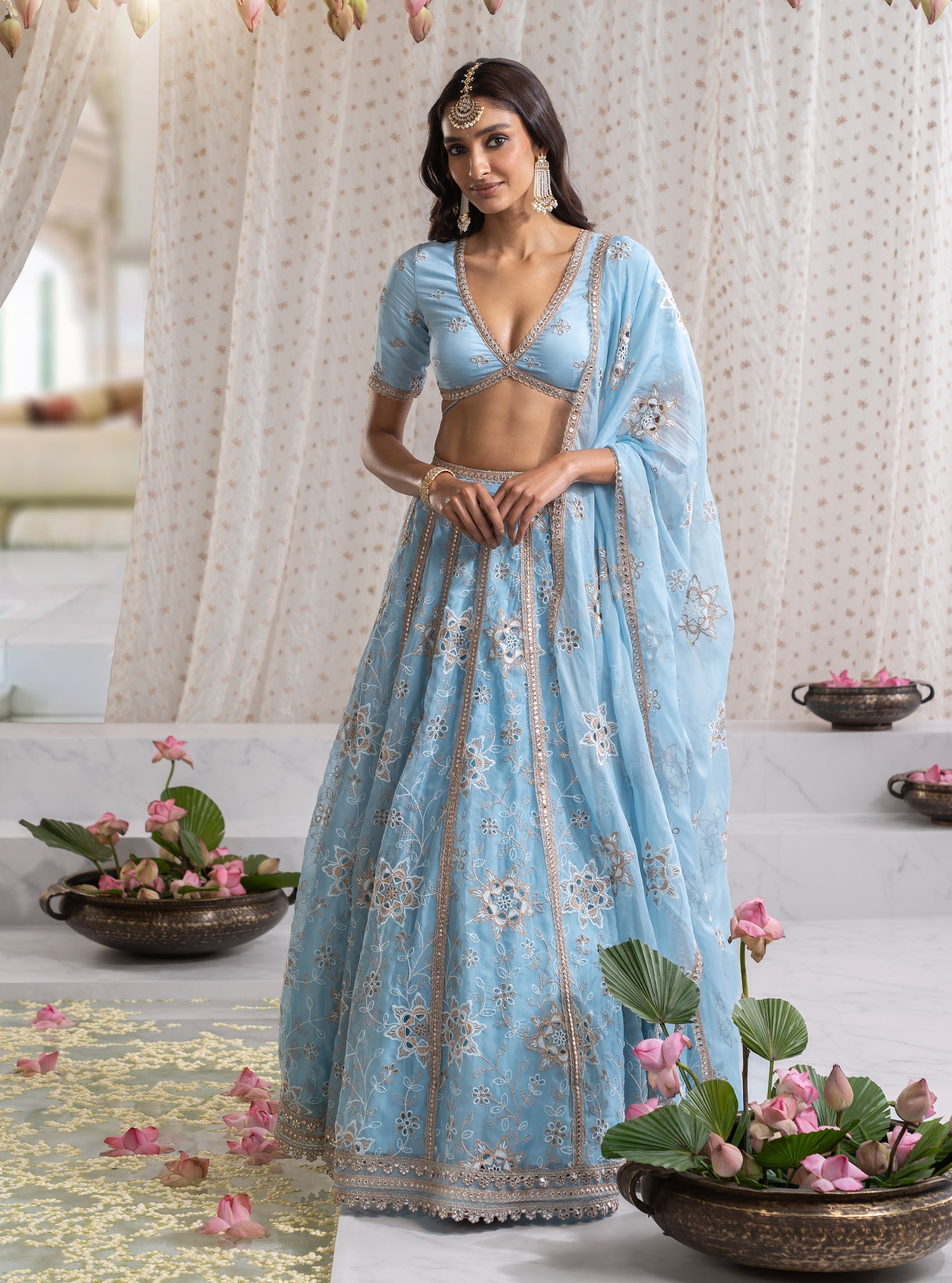 Mulmul Organza Kamali Blue Lehenga