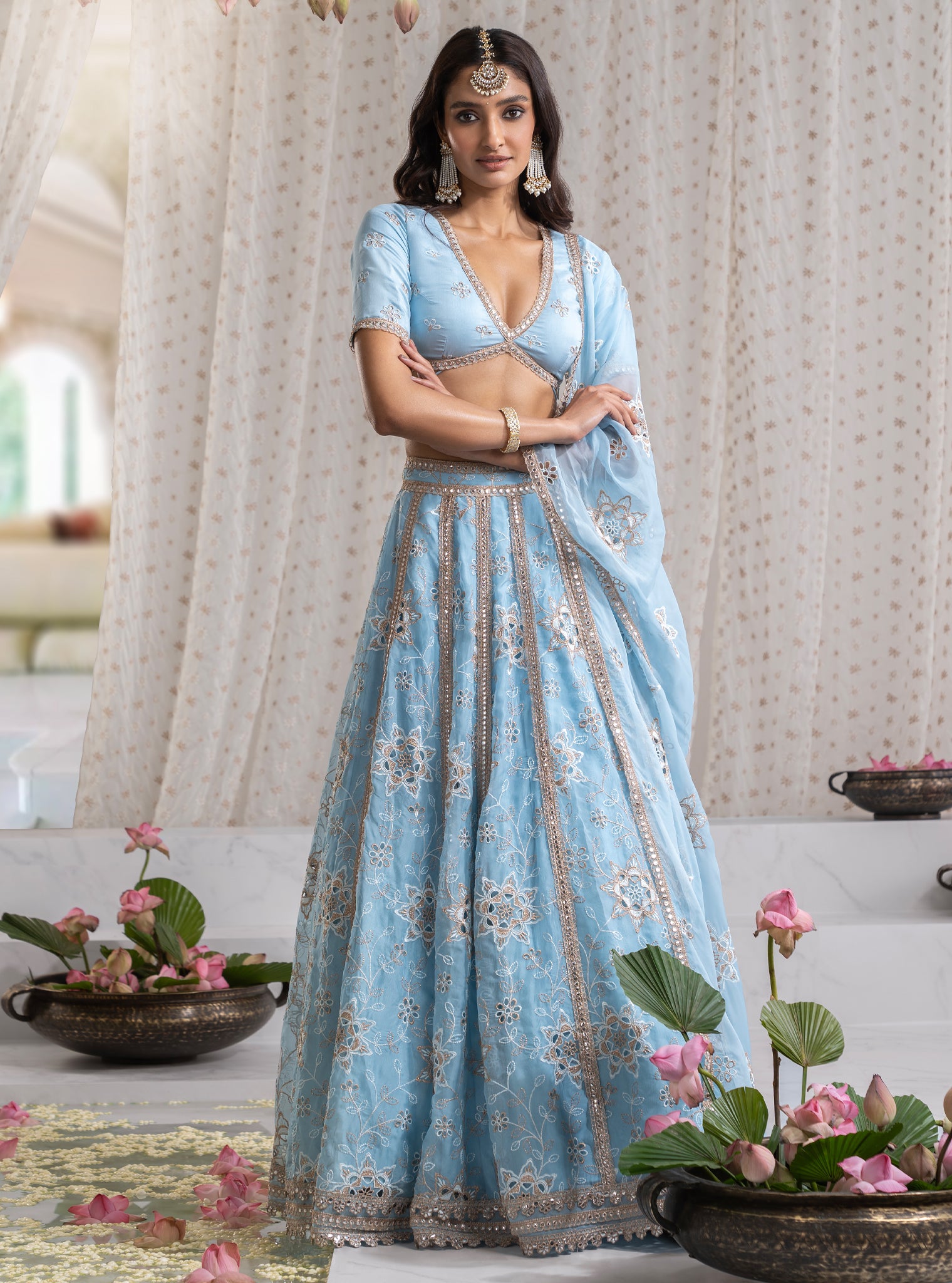 Mulmul Organza Kamali Blue Lehenga