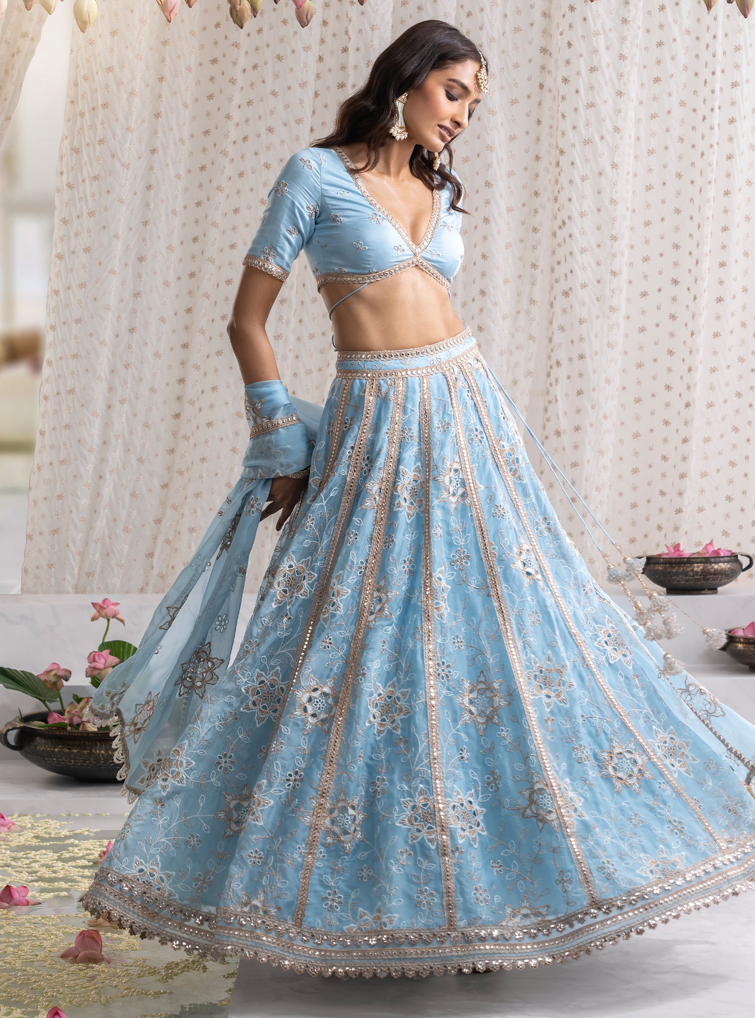 Mulmul Organza Kamali Blue Lehenga