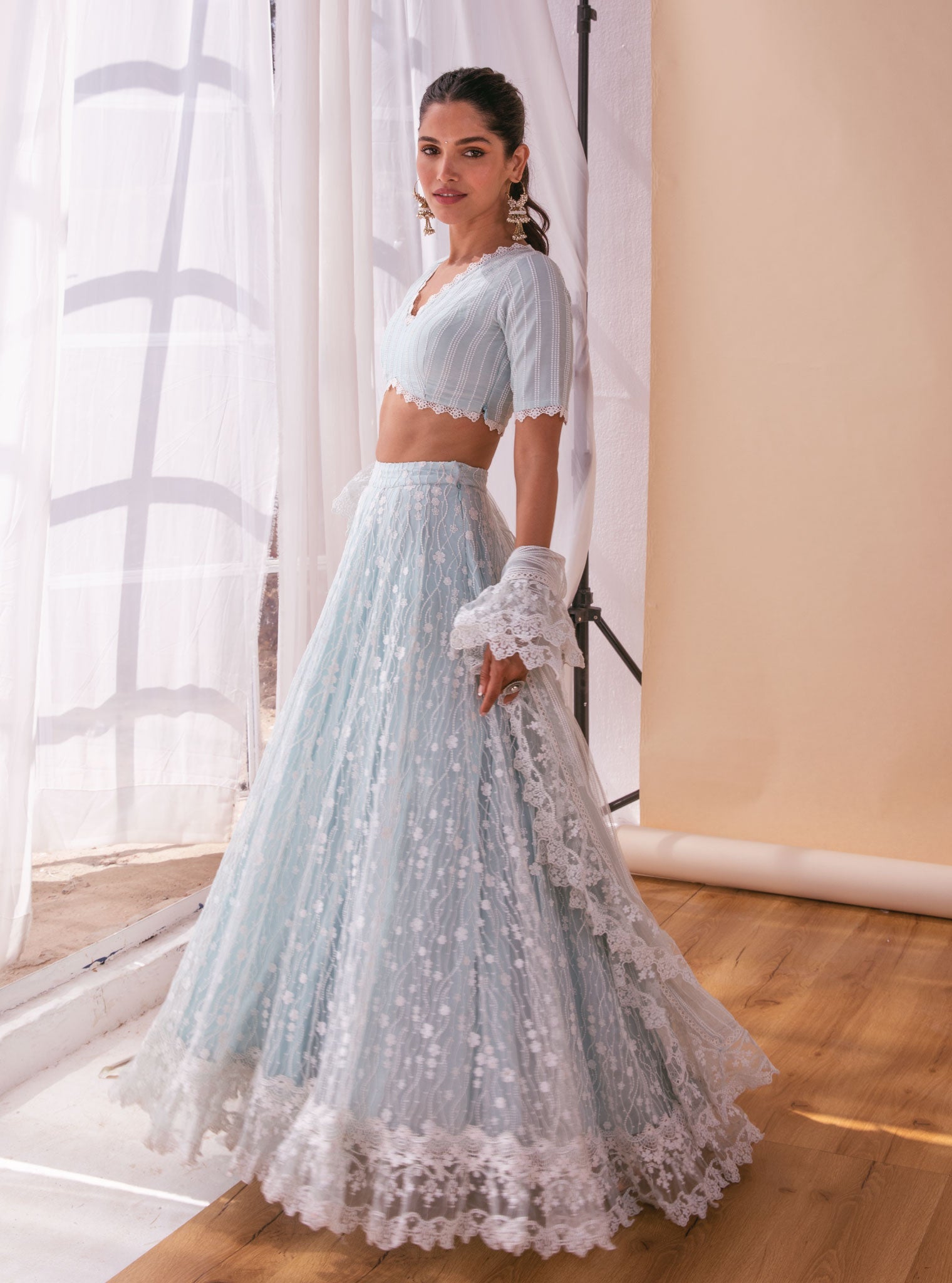 Mulmul Kasauli Blue Net Lehenga