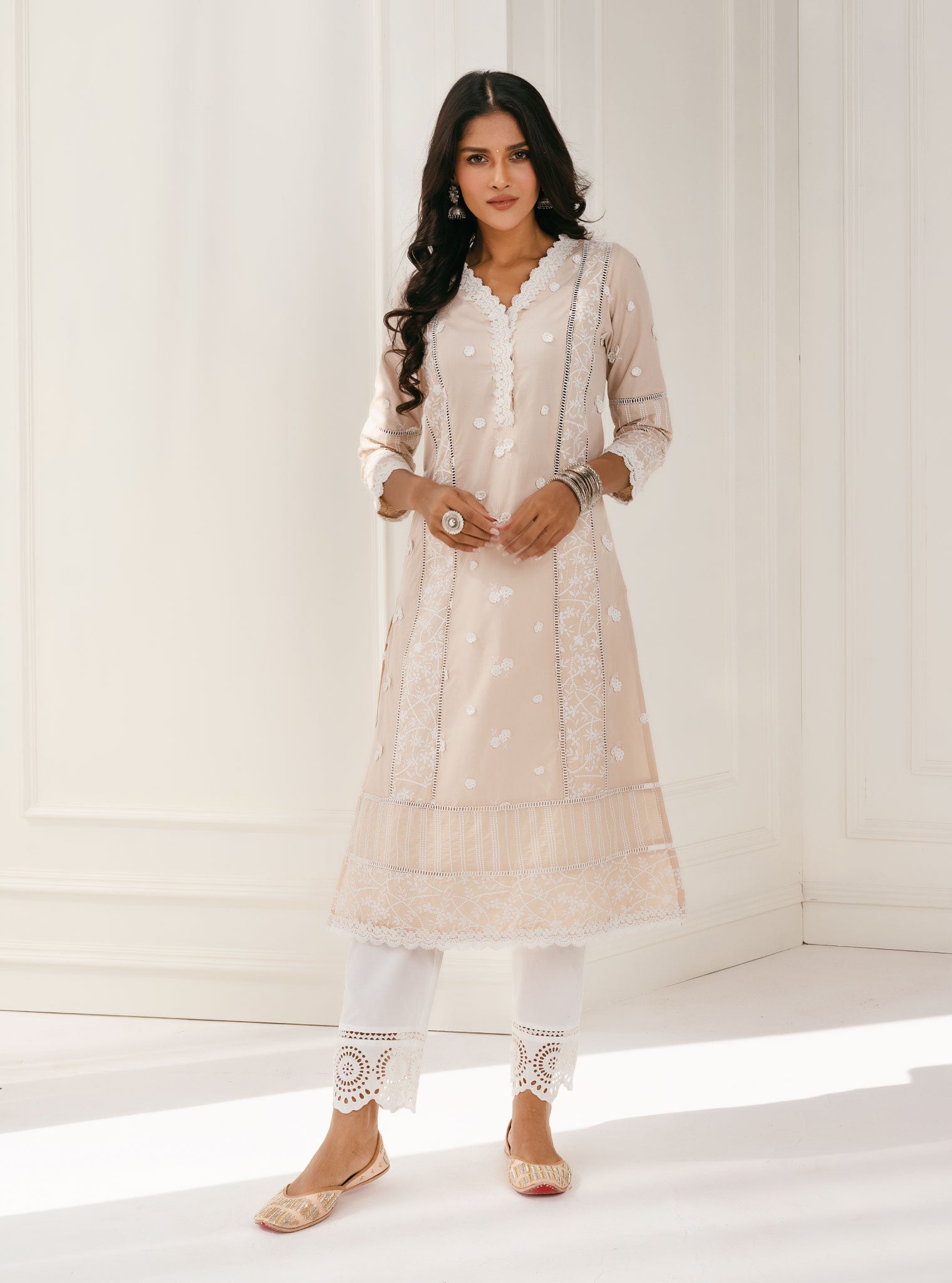 Mulmul Cotton Kaza beige Kurta With Eyelet White Pant