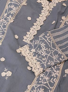 Mulmul Cotton Kaza Blue Kurta With Floral Organza Panelled White Salwar