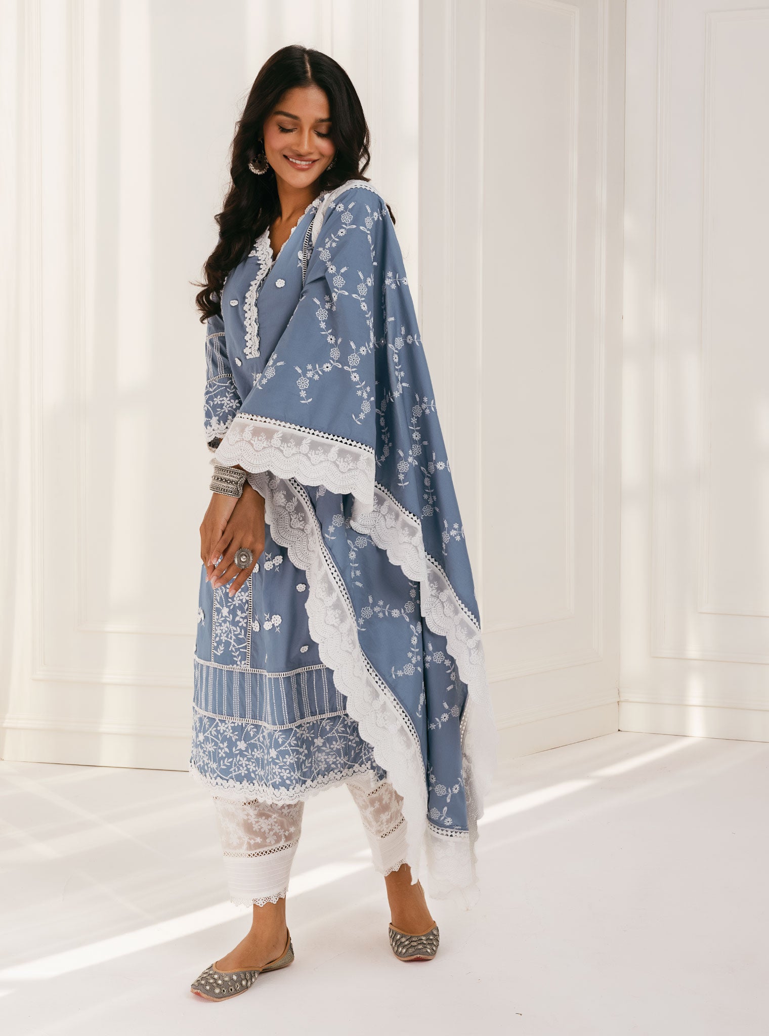 Mulmul Cotton Kaza Blue Kurta With Floral Organza Panelled White Salwar