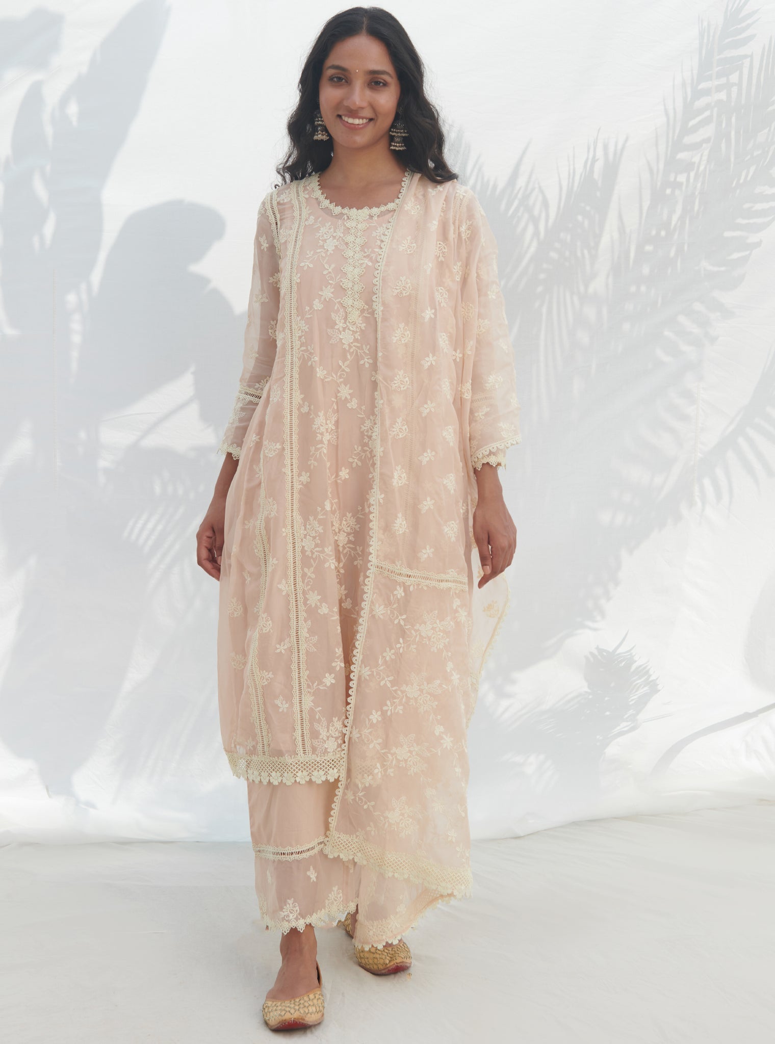 Mulmul Organza Keri Beige Kurta With Mulmul Cotton Keri Beige Pant