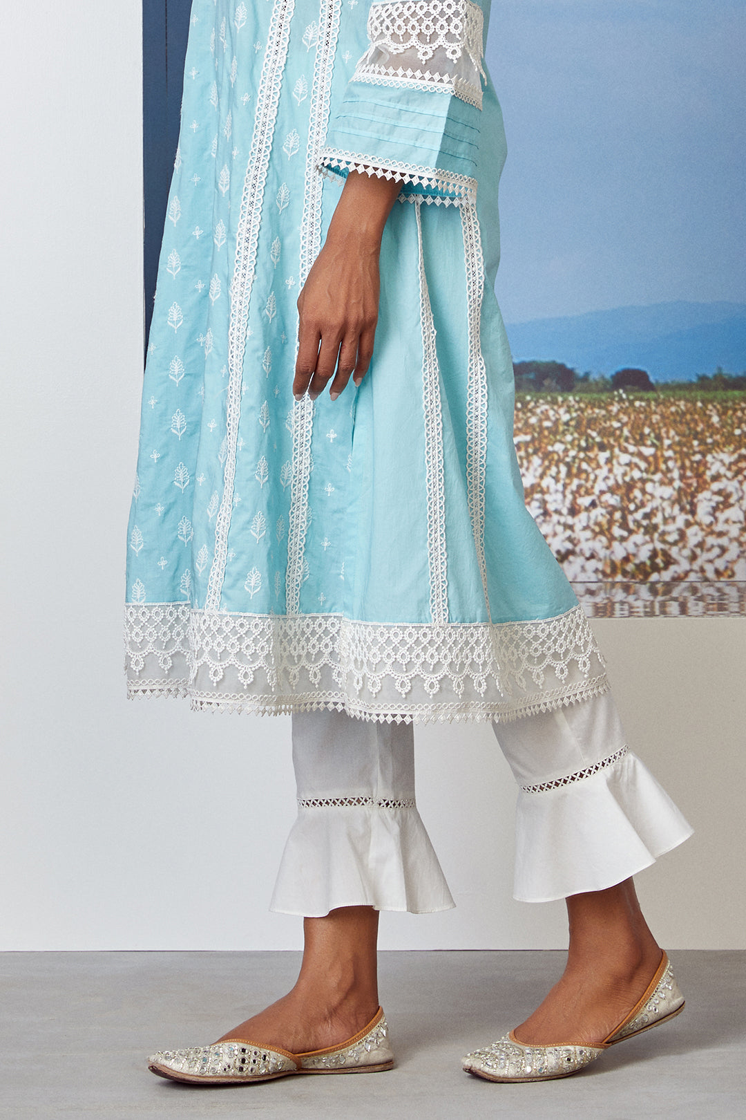 Mulmul Cotton Lakeshore Turq Kurta With Slim White Salwar