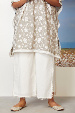 Mulmul Cotton Lotuspond Grey Kurta With Flap White Pyajama