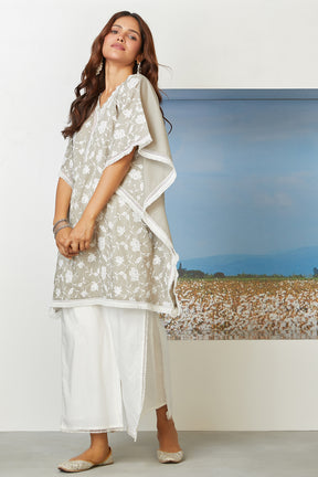 Mulmul Cotton Lotuspond Grey Kurta With Flap White Pyajama