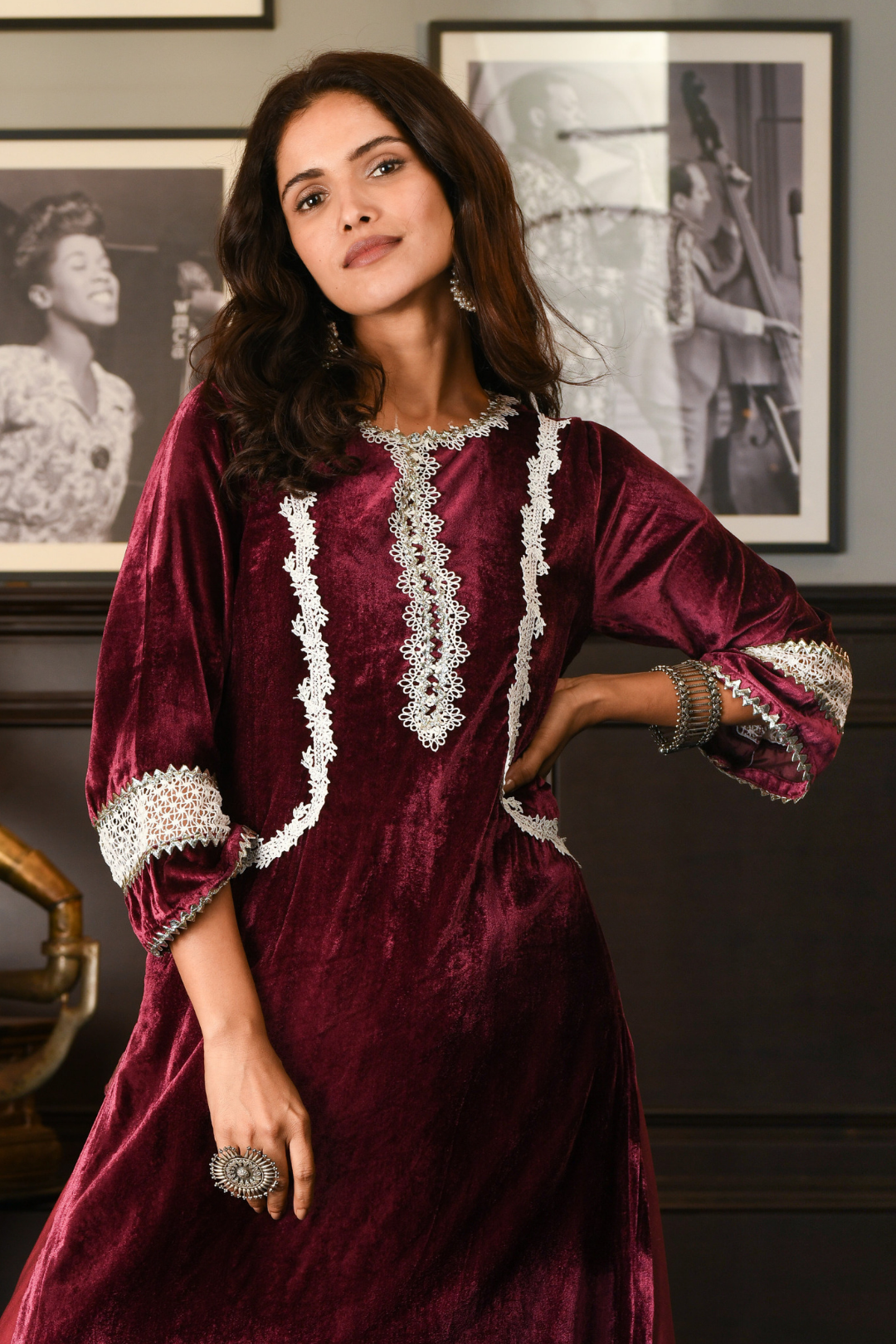 Makhmal Birch Kurta with Pine wine Sharara