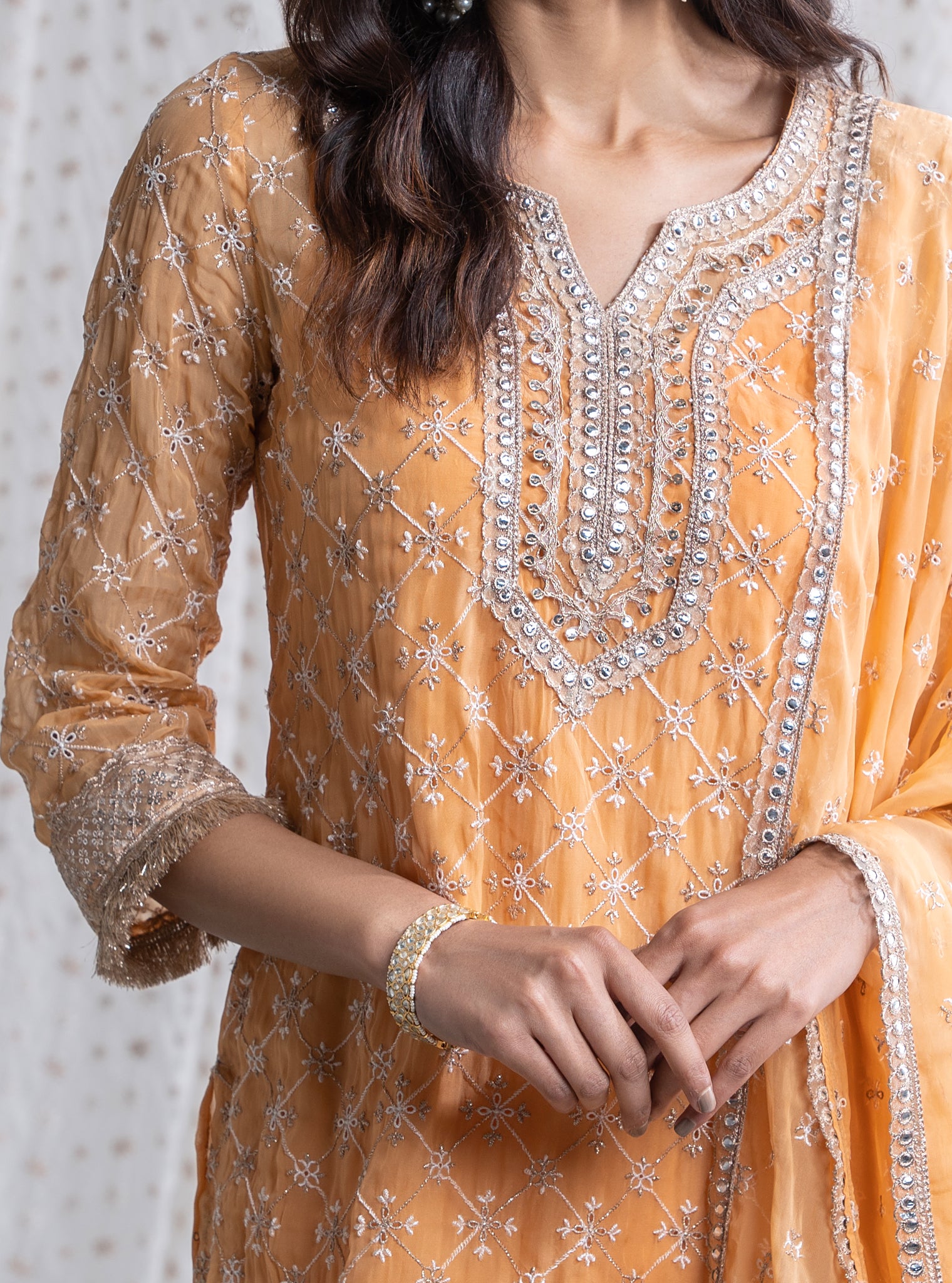 Mulmul Organza Makhna Orange Kurta With Mulmul Chiffon Makhna Orange Garara