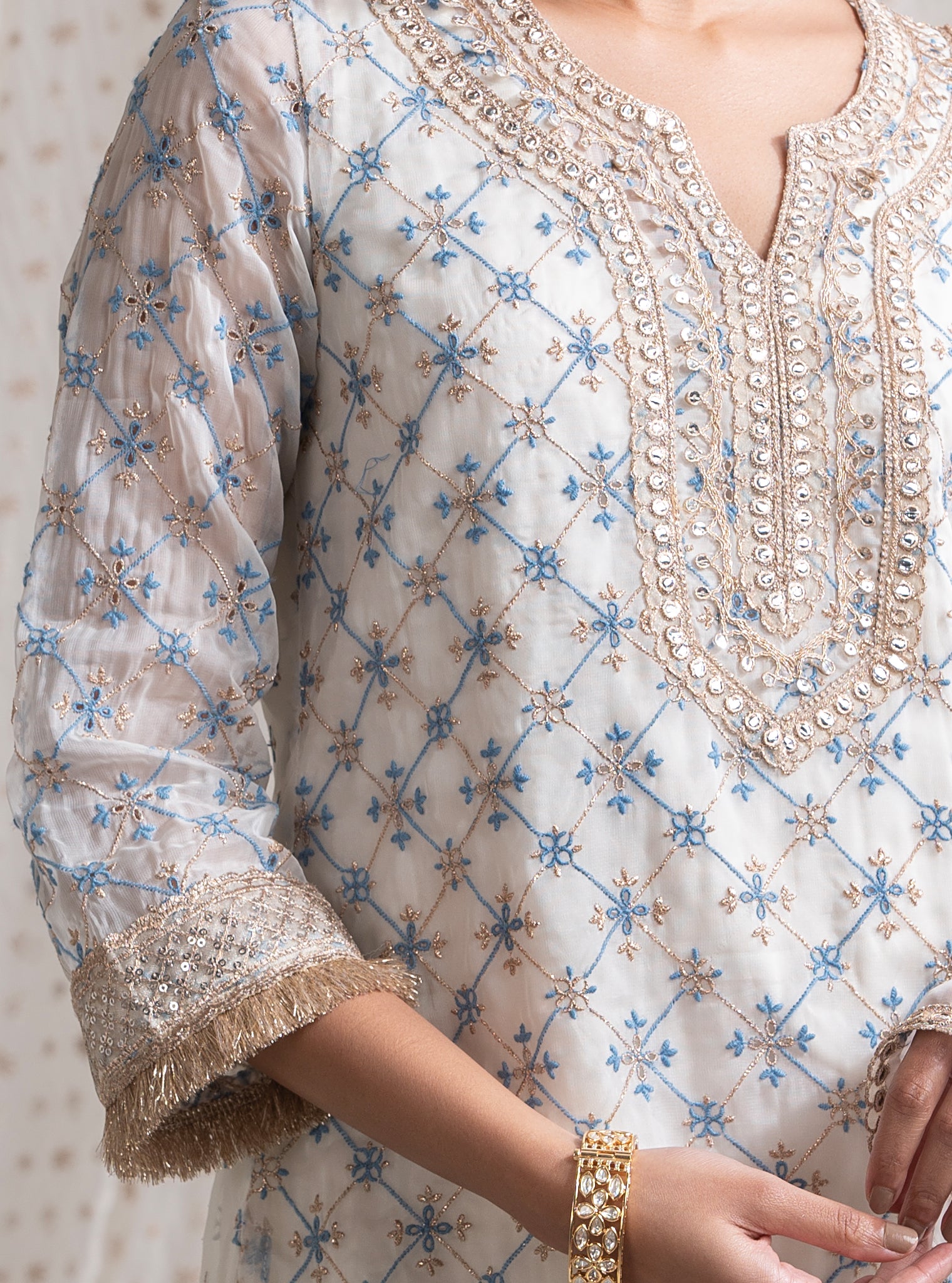 Mulmul Organza Makhna Off White Kurta With Mulmul Chiffon Makhna Off White Garara