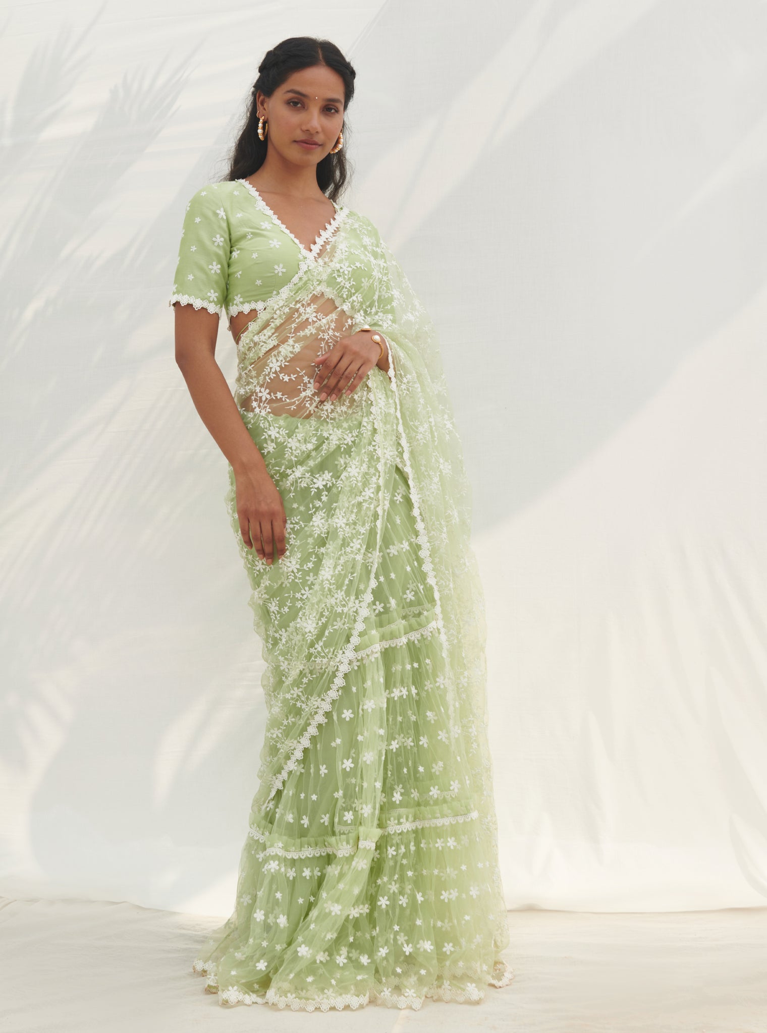 Mulmul Net Mayna Green Saree