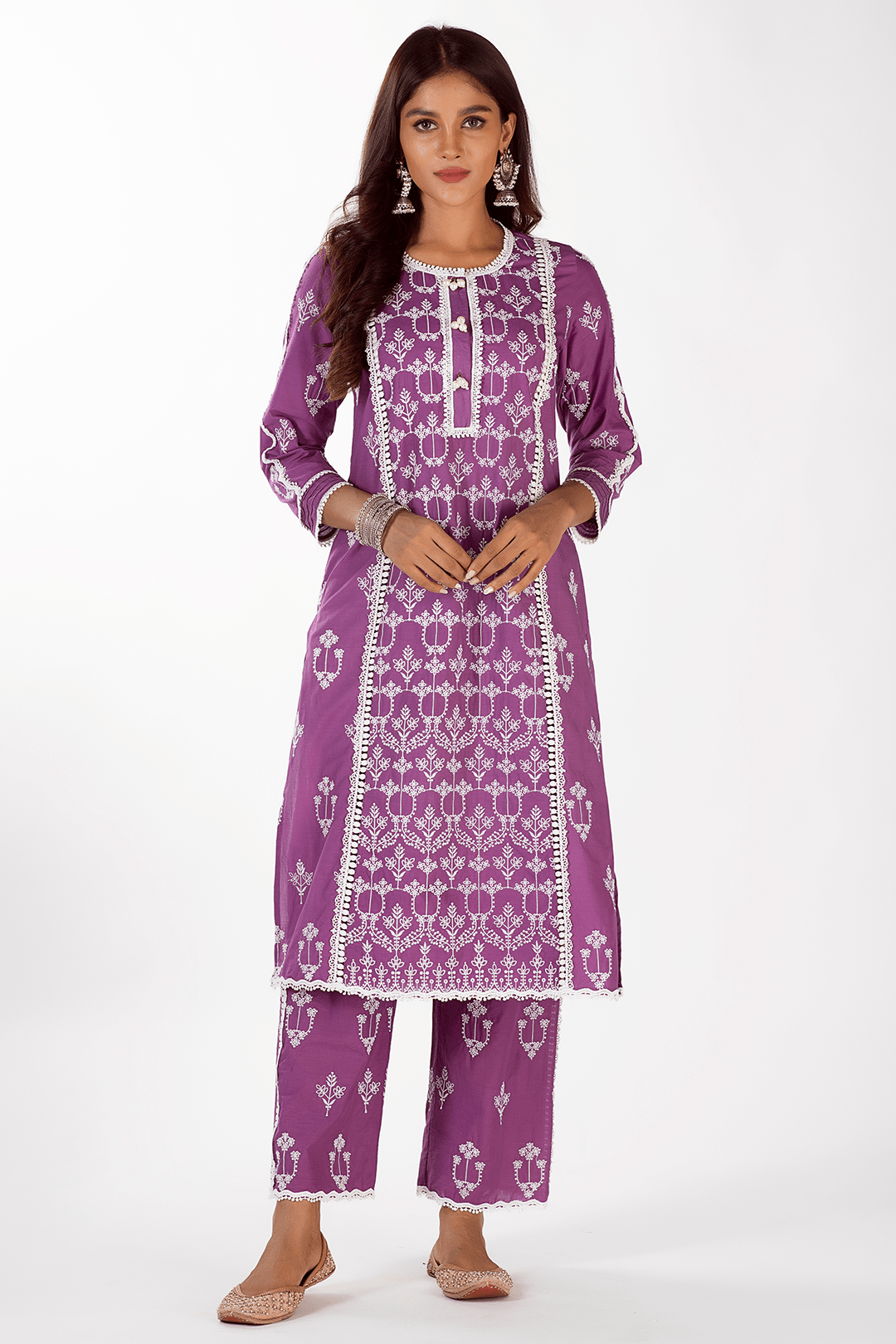 Mulmul Cotton Mae Purple Kurta With Mae Purple Pyajama