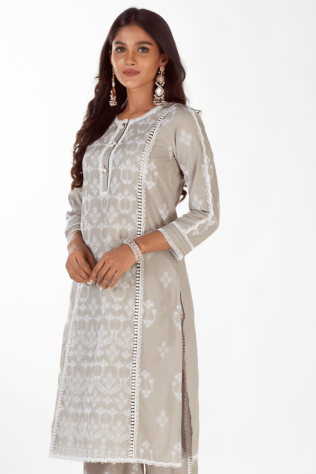 Mulmul Cotton Mae Grey Kurta With Mae Grey Pant