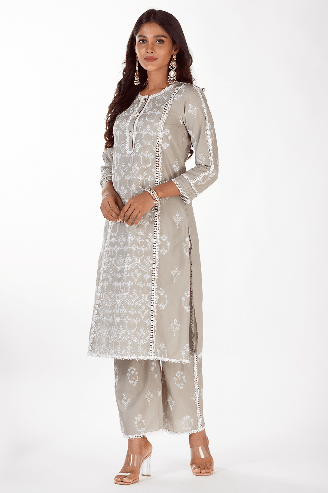 Mulmul Cotton Mae Grey Kurta With Mae Grey Pant