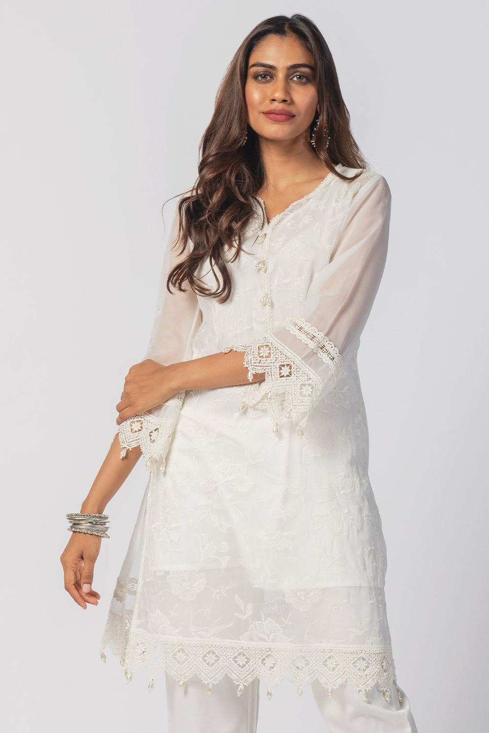 Mulmul Supima Cotton Applique Organza Panel White Pant main image 0